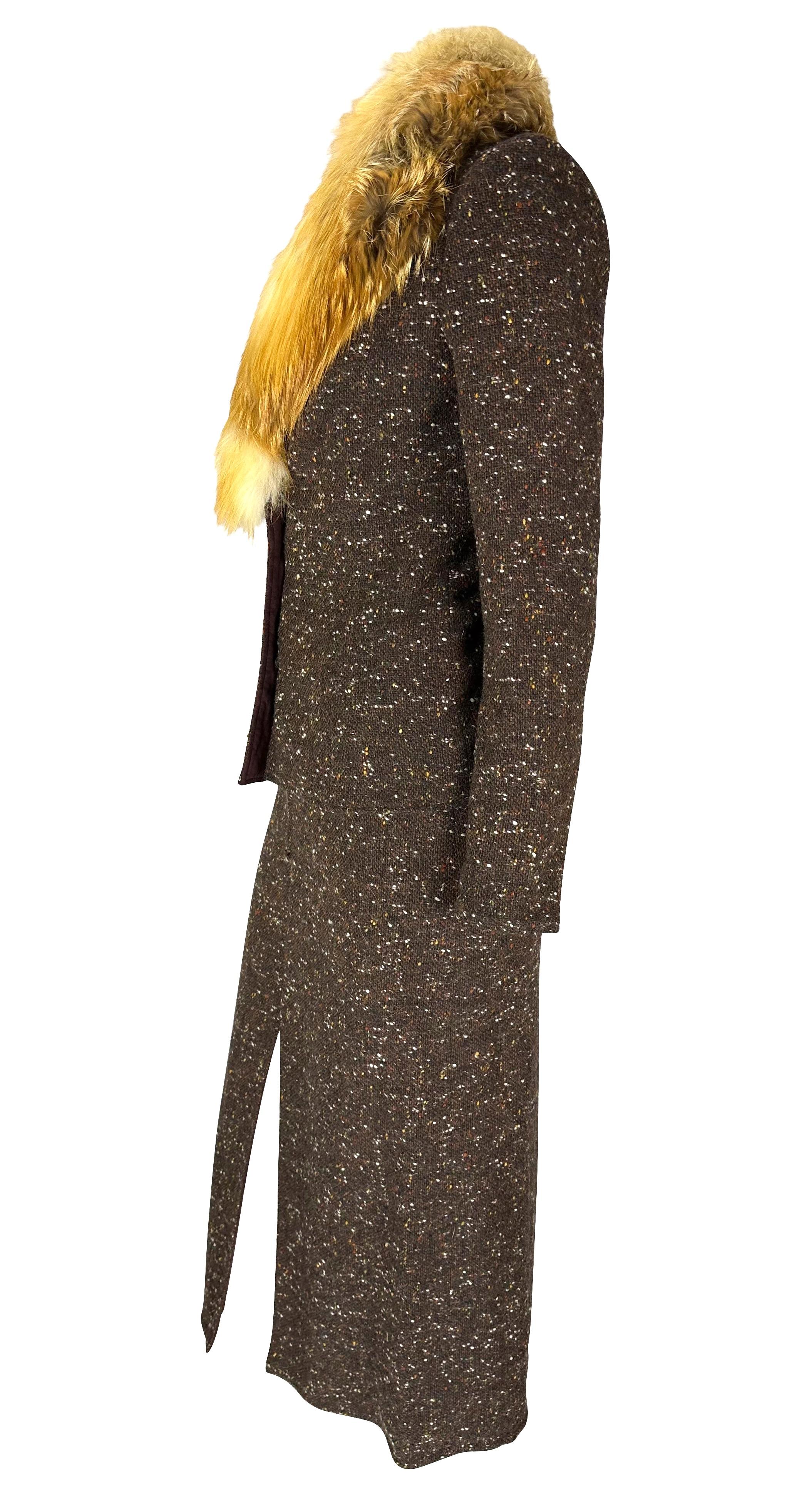 Women's F/W 2001 Christian Dior by John Galliano Fur Trim Slit Brown Tweed Skirt Suit For Sale