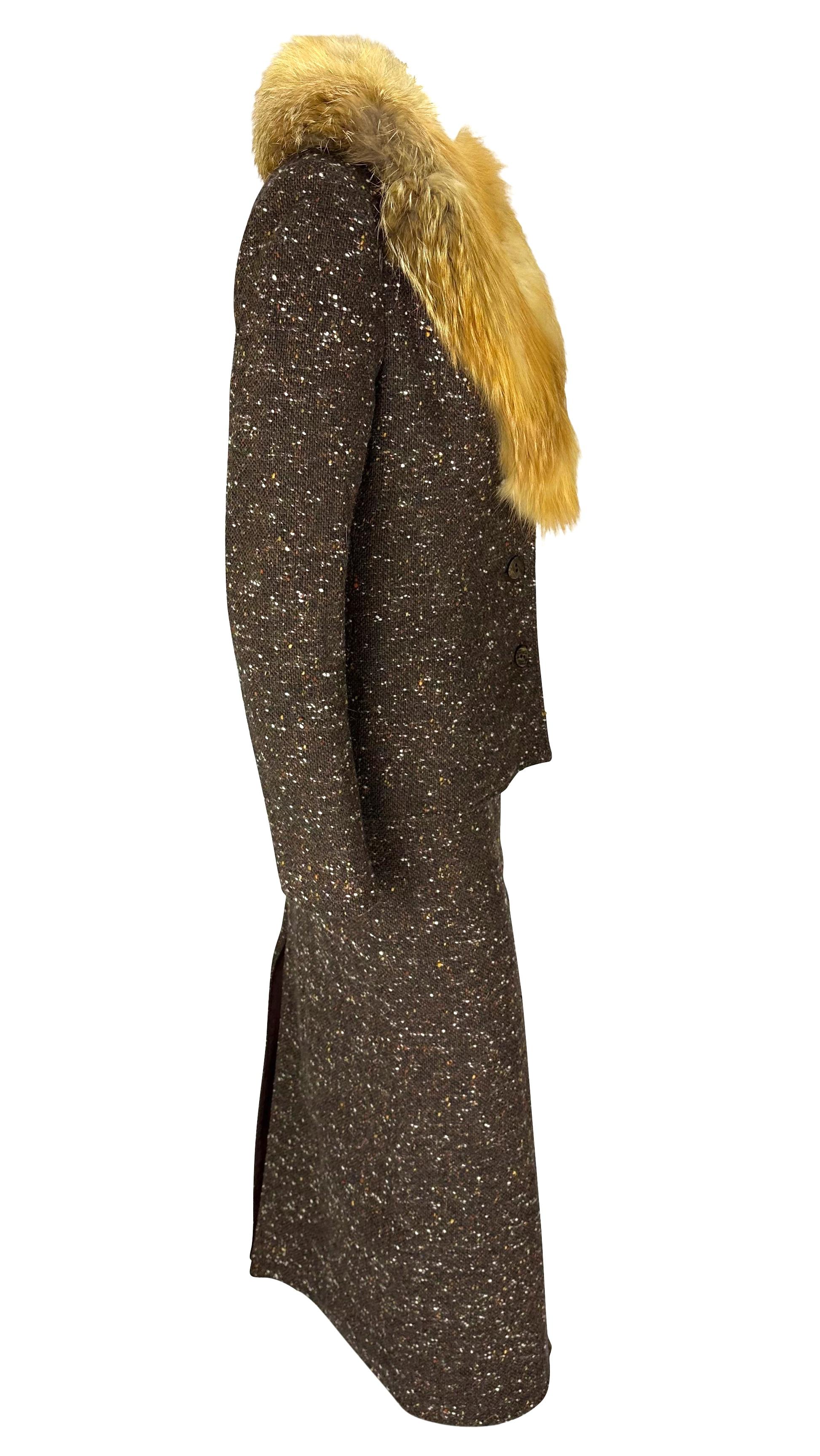 F/W 2001 Christian Dior by John Galliano Fur Trim Slit Brown Tweed Skirt Suit For Sale 2