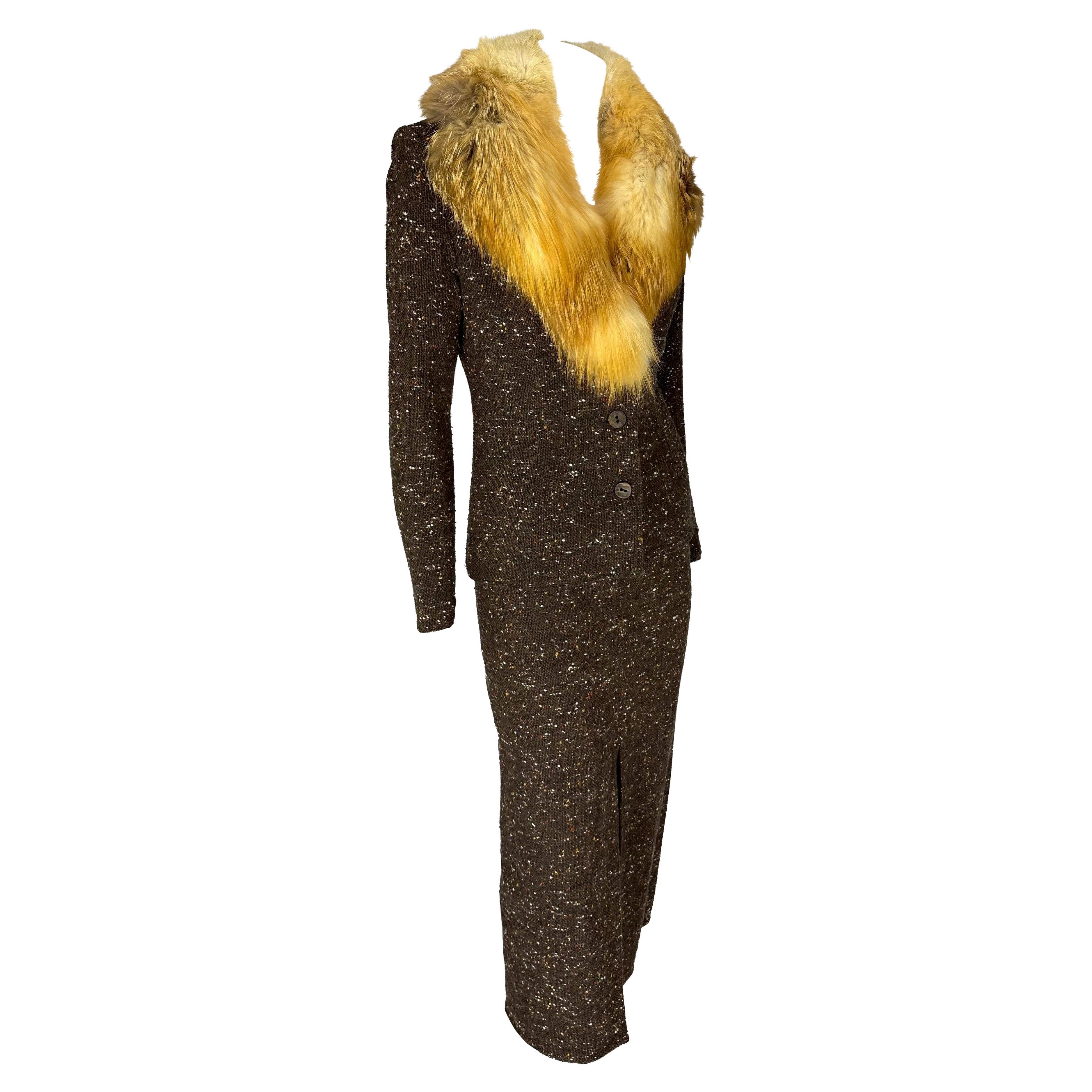 F/W 2001 Christian Dior by John Galliano Fur Trim Slit Brown Tweed Skirt Suit For Sale 3