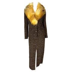 F/W 2001 Christian Dior by John Galliano Fur Trim Slit Brown Tweed Skirt Suit