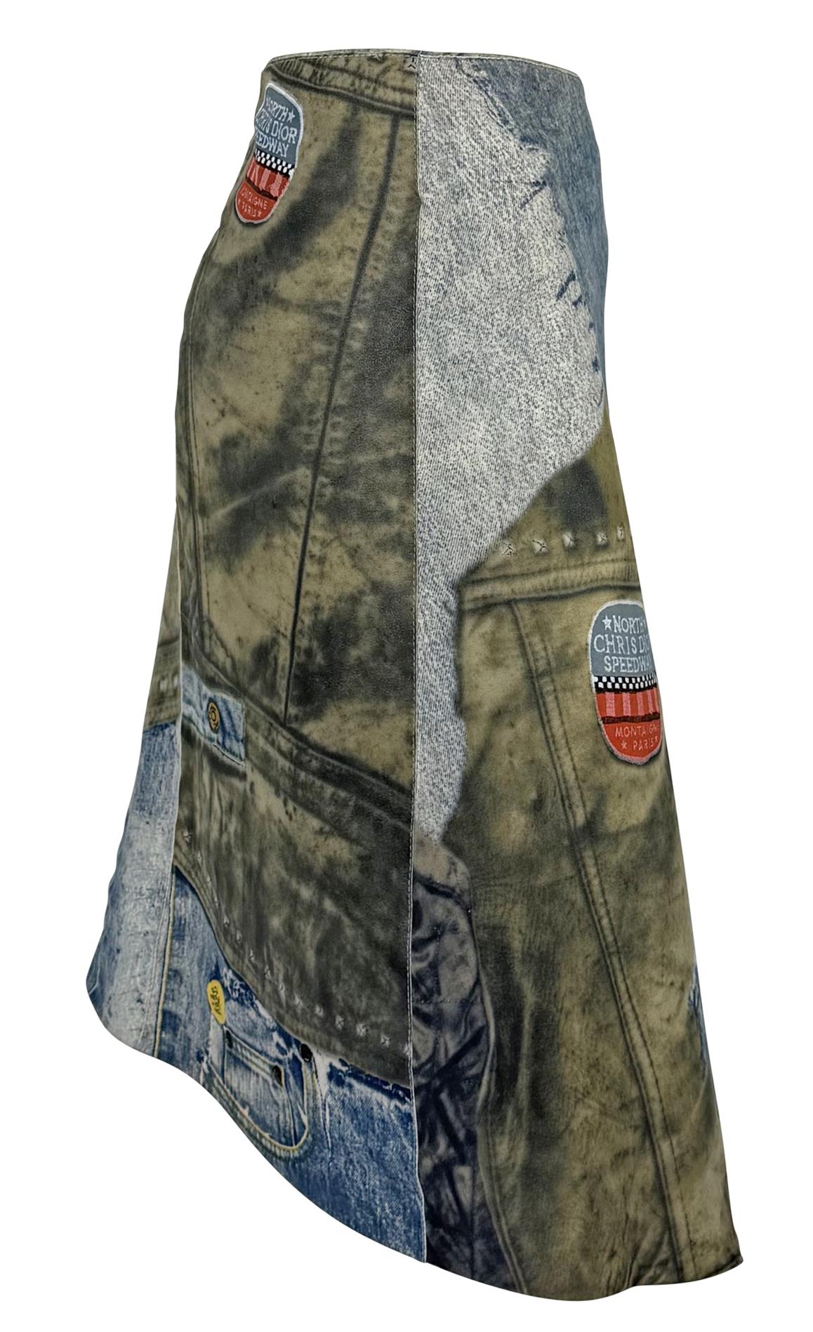 F/W 2001 Christian Dior by John Galliano Leather Trompe l'oeil Denim Wrap Skirt In Excellent Condition For Sale In West Hollywood, CA