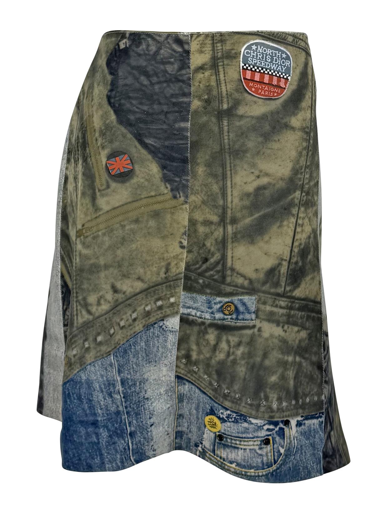 Women's F/W 2001 Christian Dior by John Galliano Leather Trompe l'oeil Denim Wrap Skirt For Sale