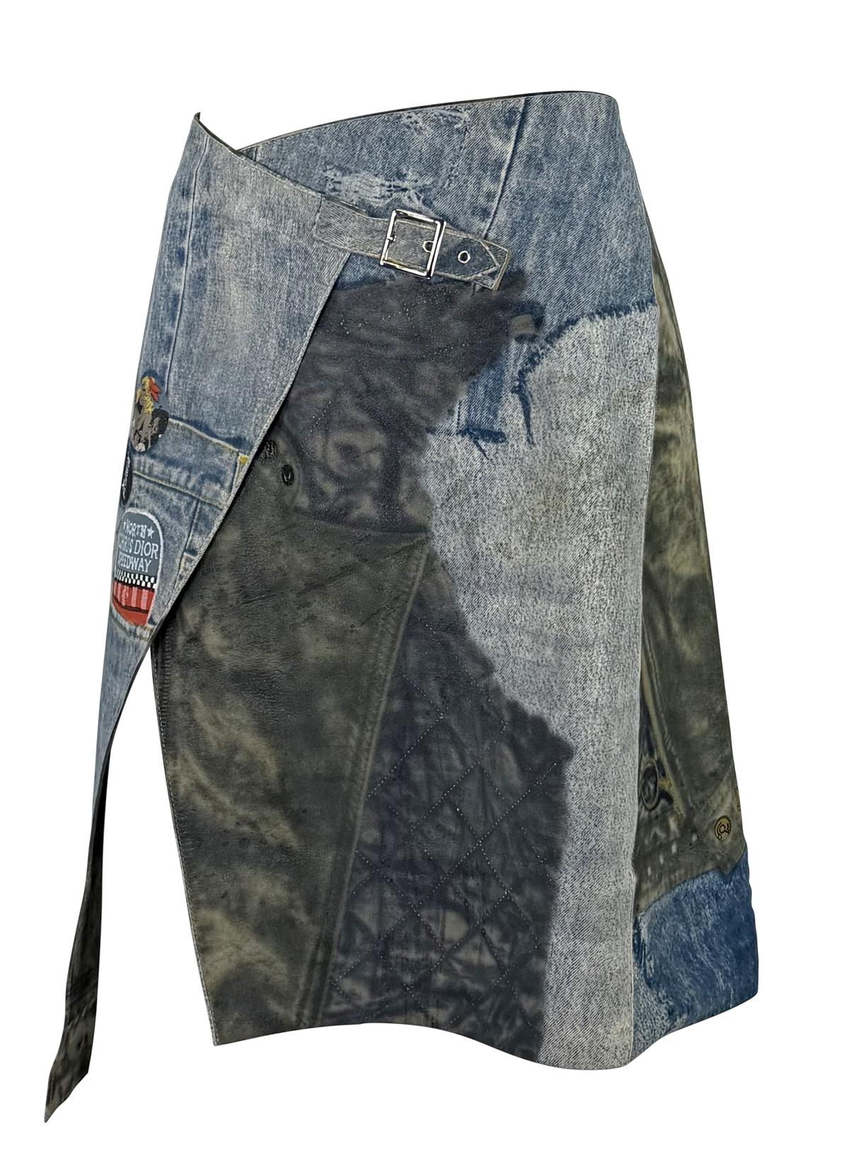 F/W 2001 Christian Dior by John Galliano Leather Trompe l'oeil Denim Wrap Skirt For Sale 2