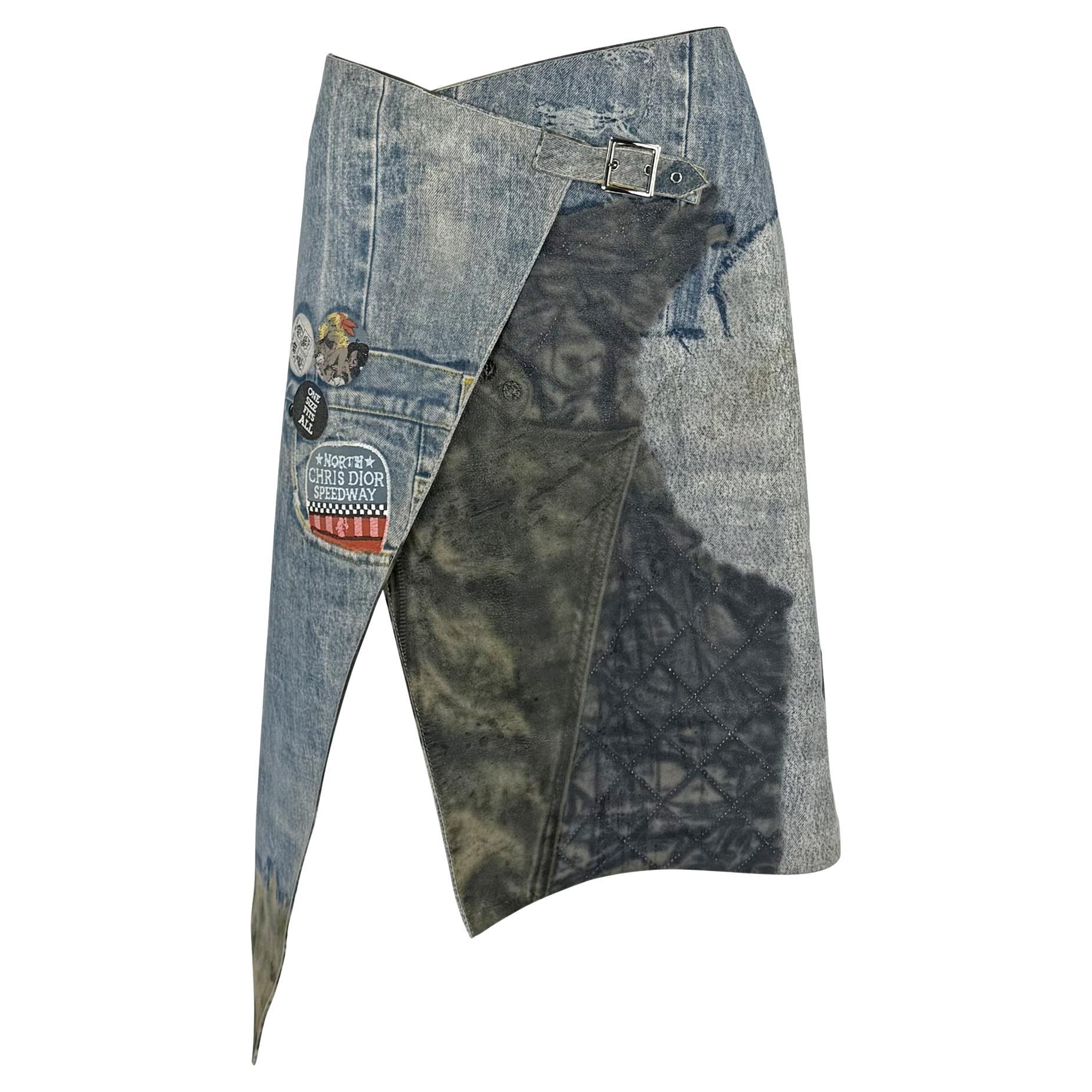 F/W 2001 Christian Dior by John Galliano Leather Trompe l'oeil Denim Wrap Skirt For Sale