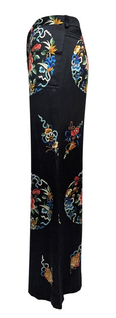 F/W 2001 Christian Dior John Galliano Black Silk Chinoiserie Wide Leg Pants