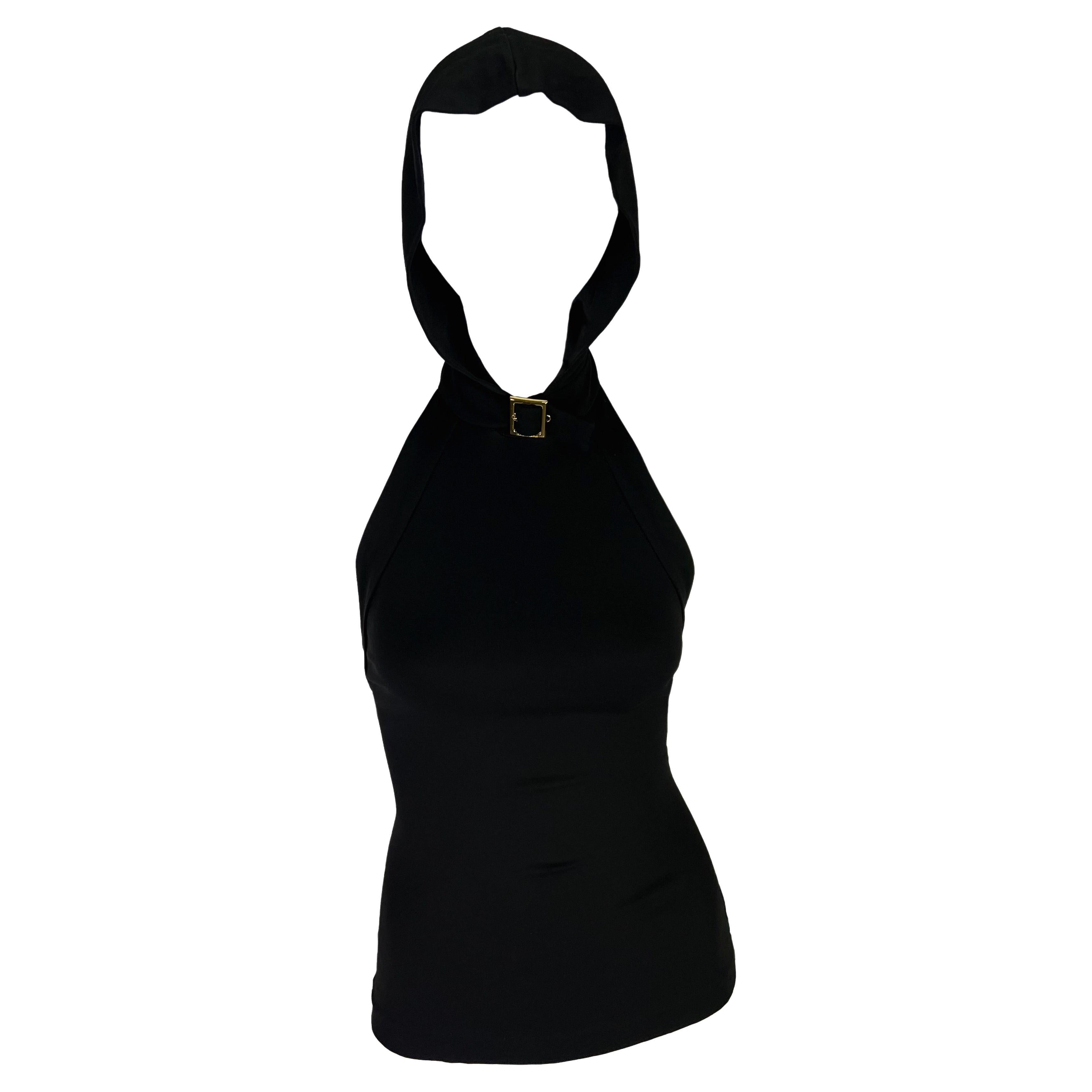 F/W 2001 Dolce & Gabbana Black Hooded Logo Buckle Sleeveless Halter Top Excellent état - En vente à West Hollywood, CA