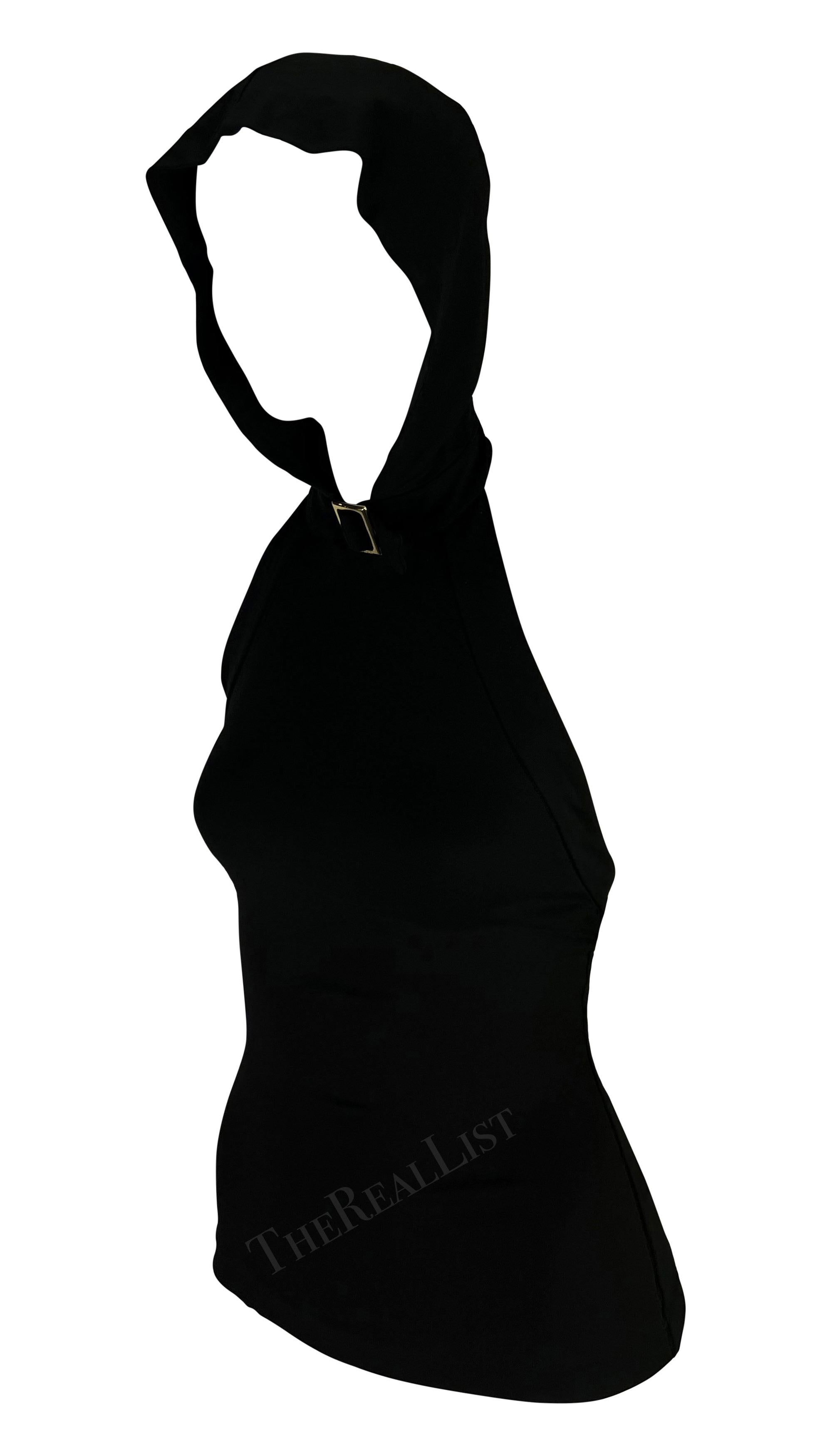 Women's F/W 2001 Dolce & Gabbana Black Hooded Logo Buckle Sleeveless Halter Top For Sale