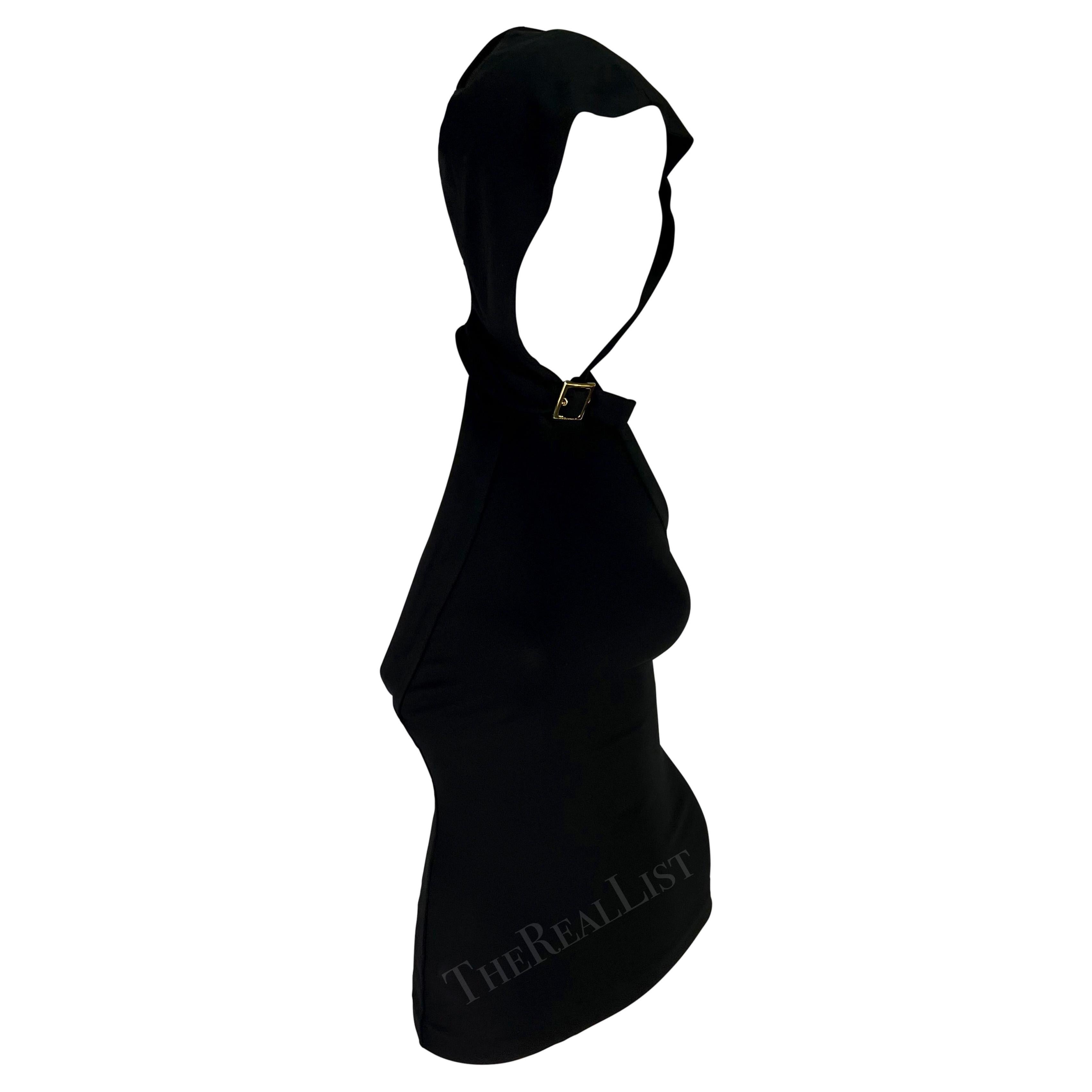 F/W 2001 Dolce & Gabbana Black Hooded Logo Buckle Sleeveless Halter Top For Sale