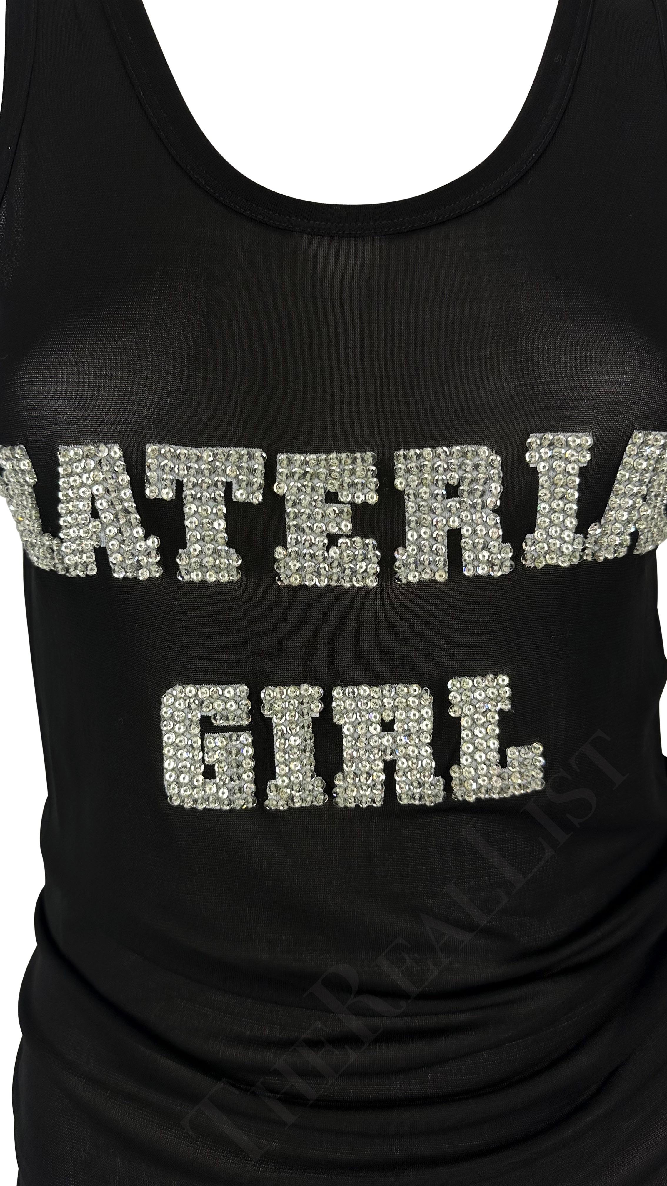 F/W 2001 Dolce & Gabbana Black Sheer Mesh 'Material Girl' Rhinestone Tank Top In Excellent Condition In West Hollywood, CA