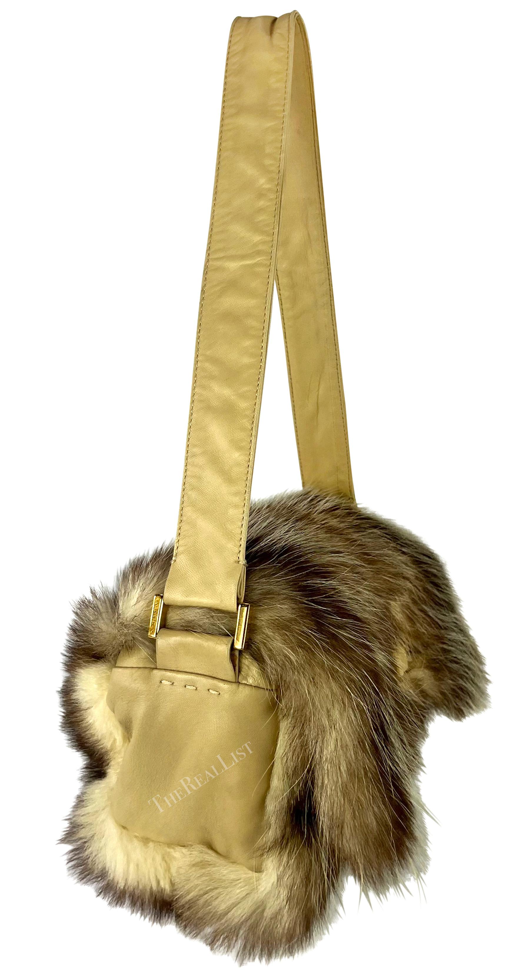 Women's F/W 2001 Dolce & Gabbana Genuine Fur Gold Logo Buckle Taupe Shoulder Bag For Sale