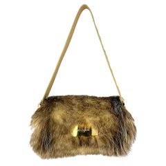 F/W 2001 Dolce & Gabbana Genuine Fur Gold Logo Buckle Taupe Shoulder Bag