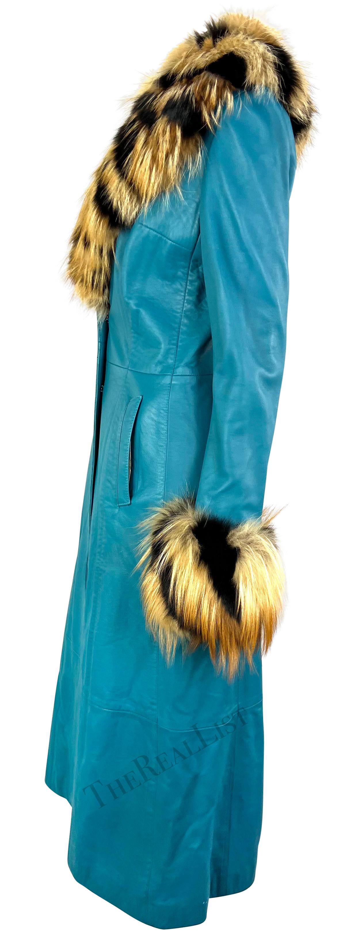 Women's F/W 2001 Dolce & Gabbana Light Blue Leather Fur Trim Runway Coat