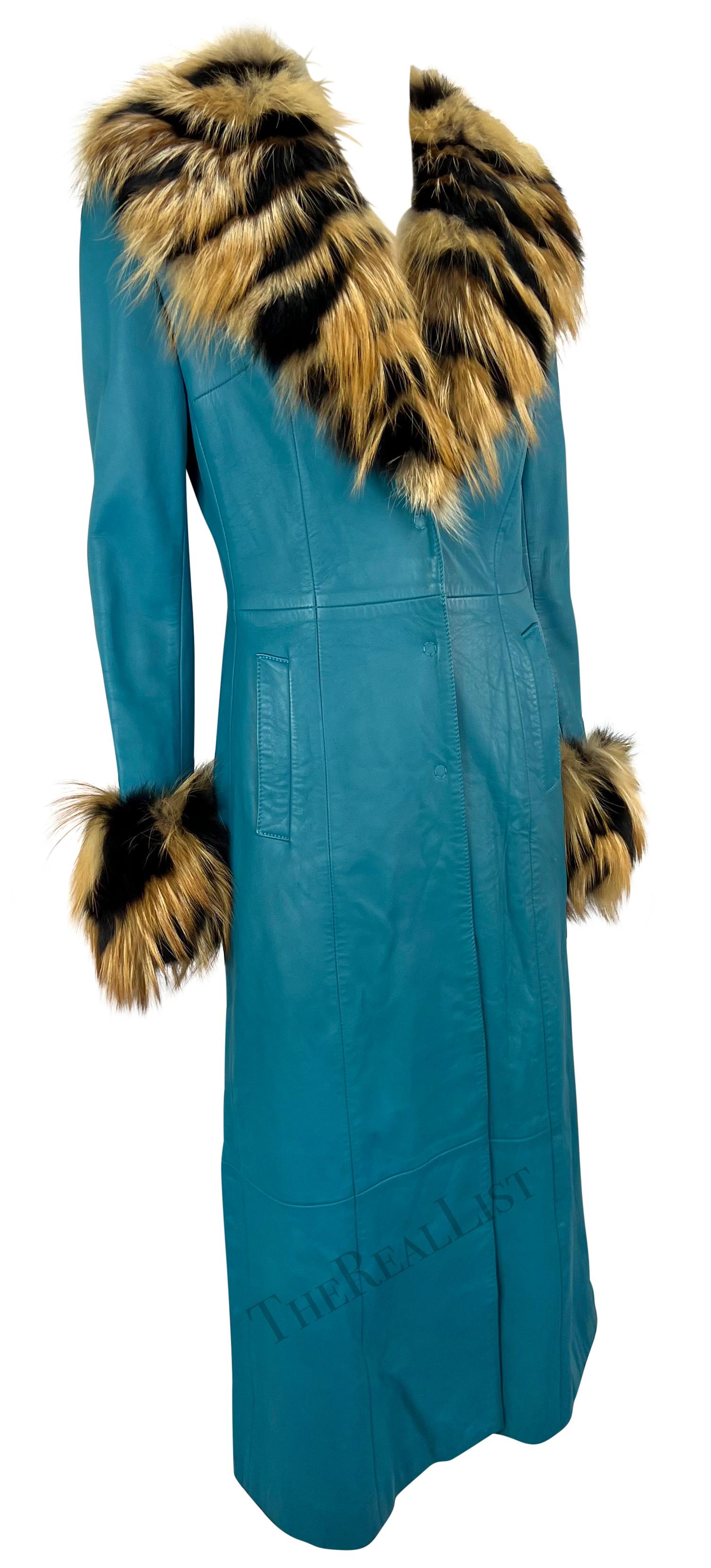 F/W 2001 Dolce & Gabbana Light Blue Leather Fur Trim Runway Coat 3