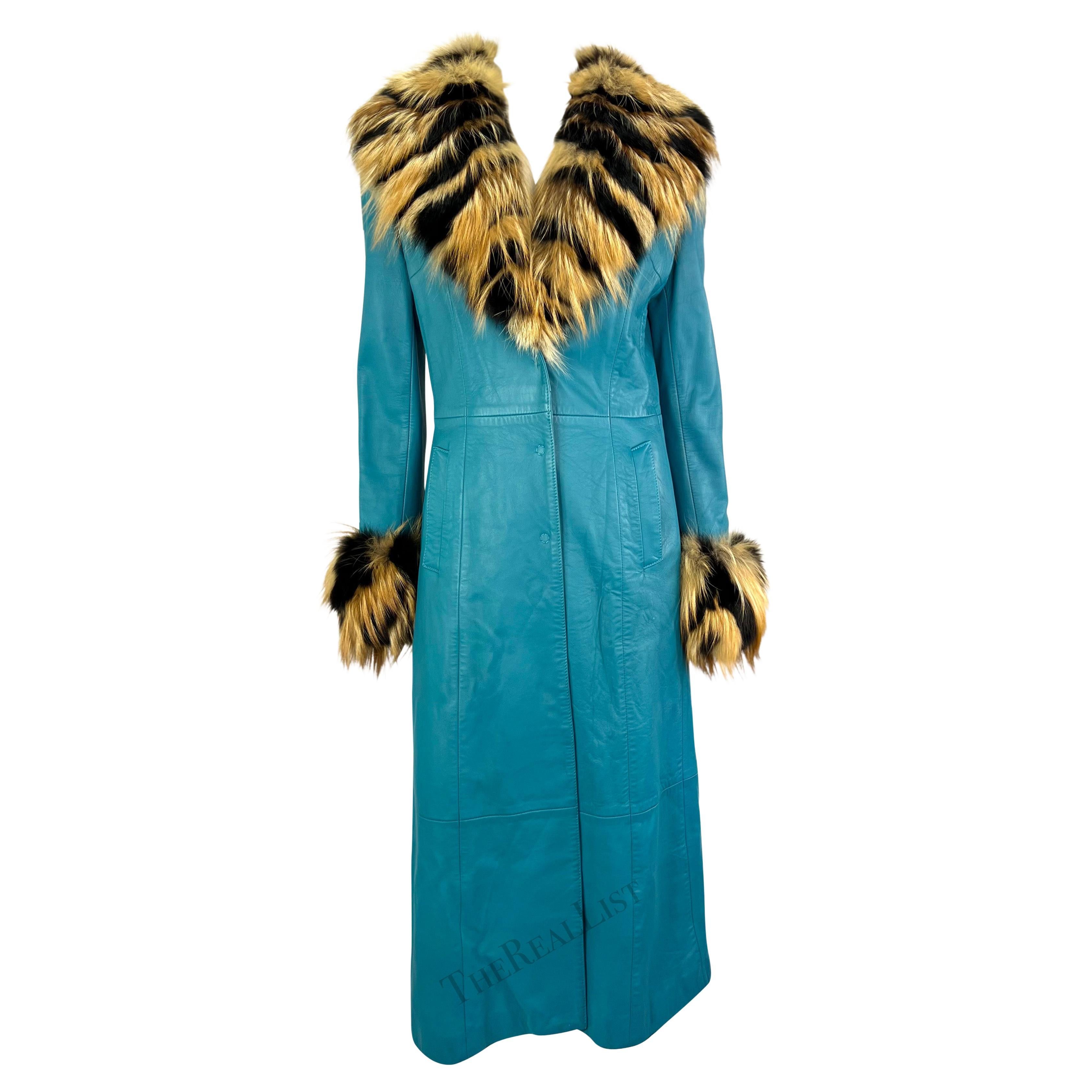 F/W 2001 Dolce & Gabbana Light Blue Leather Fur Trim Runway Coat