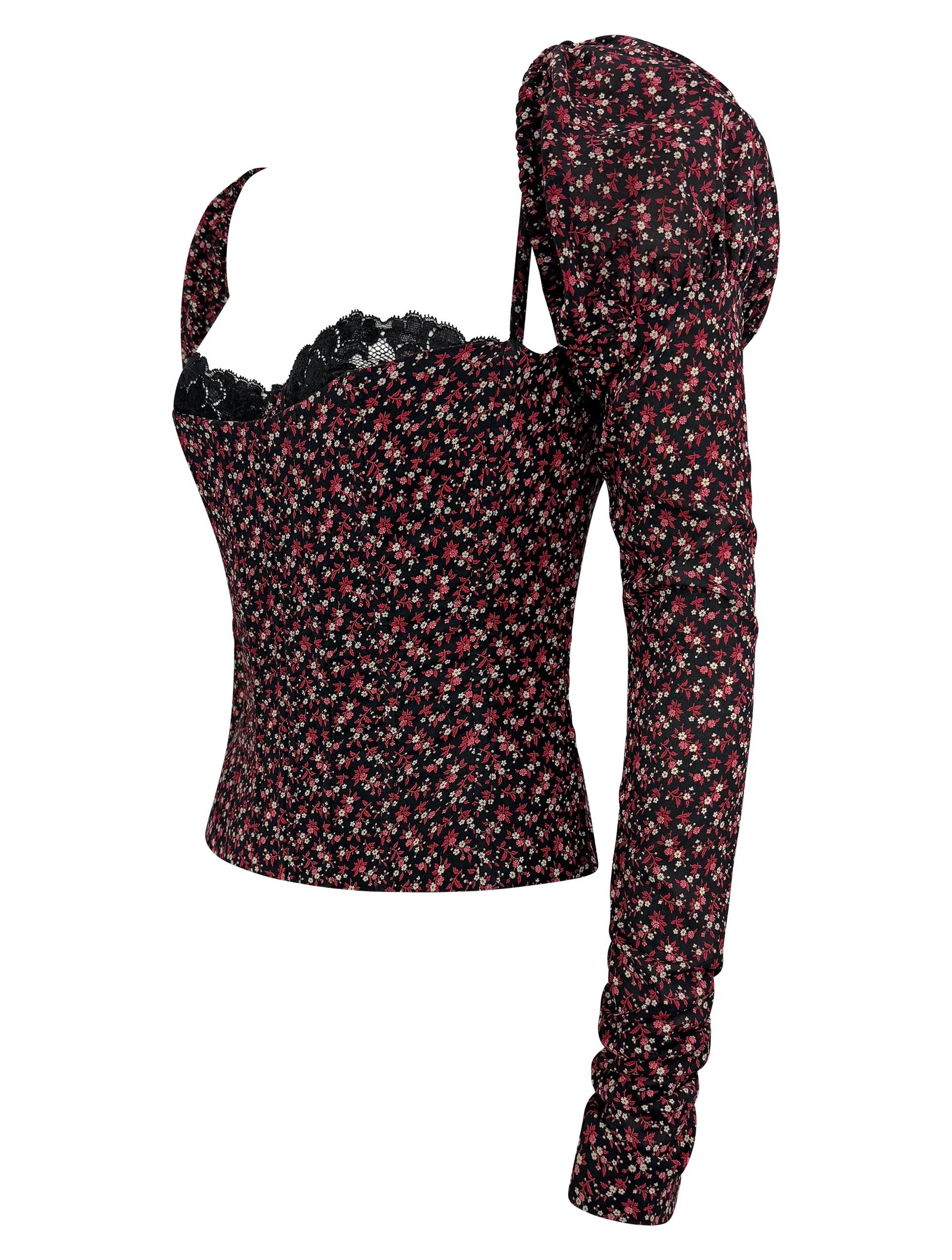 F/W 2001 Dolce & Gabbana Runway Noir Rouge Floral Bustier désossé Manches longues en vente 6