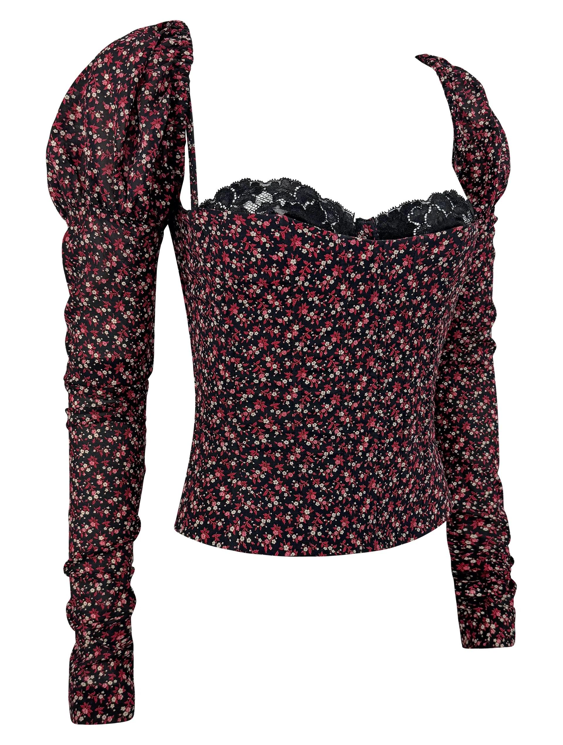F/W 2001 Dolce & Gabbana Runway Noir Rouge Floral Bustier désossé Manches longues en vente 1