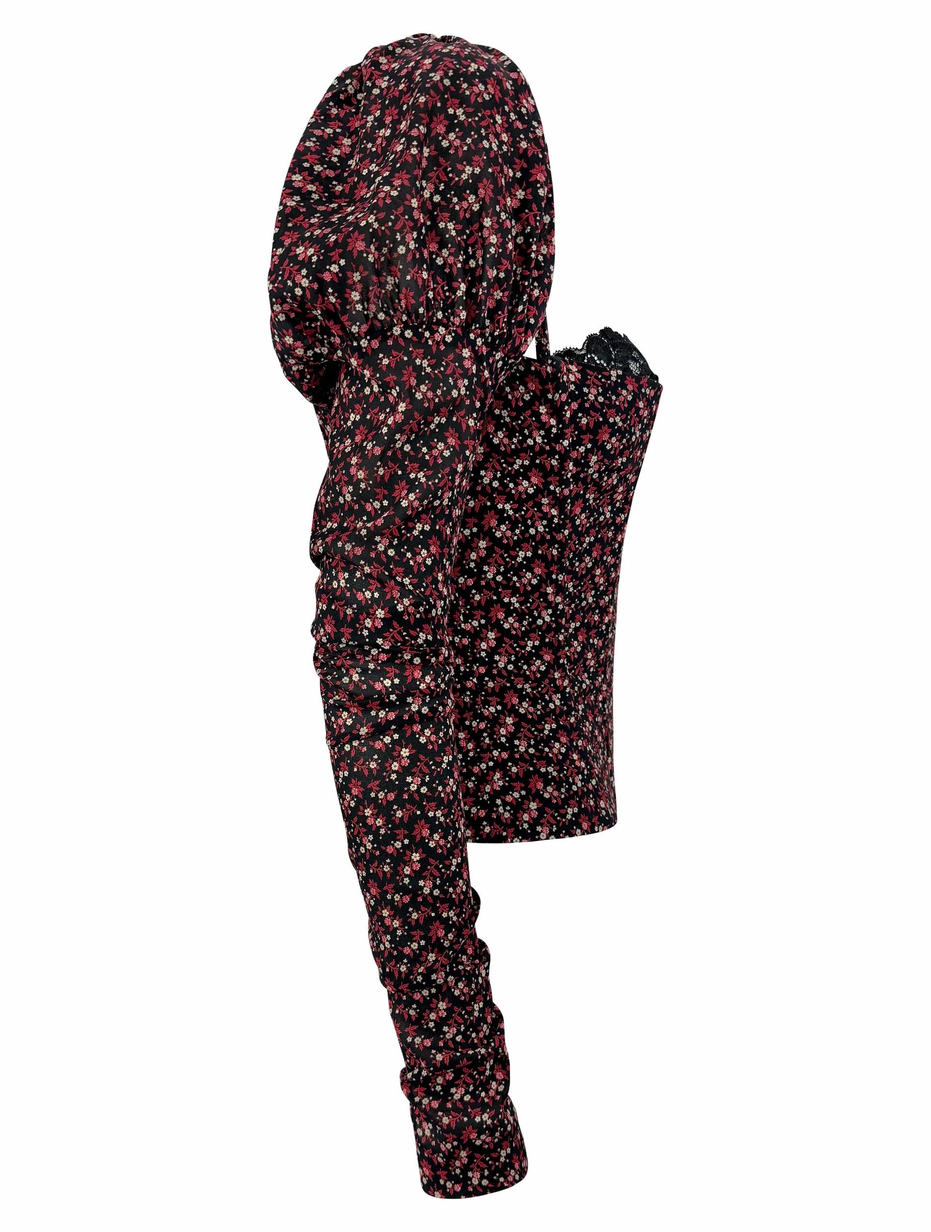 F/W 2001 Dolce & Gabbana Runway Noir Rouge Floral Bustier désossé Manches longues en vente 3