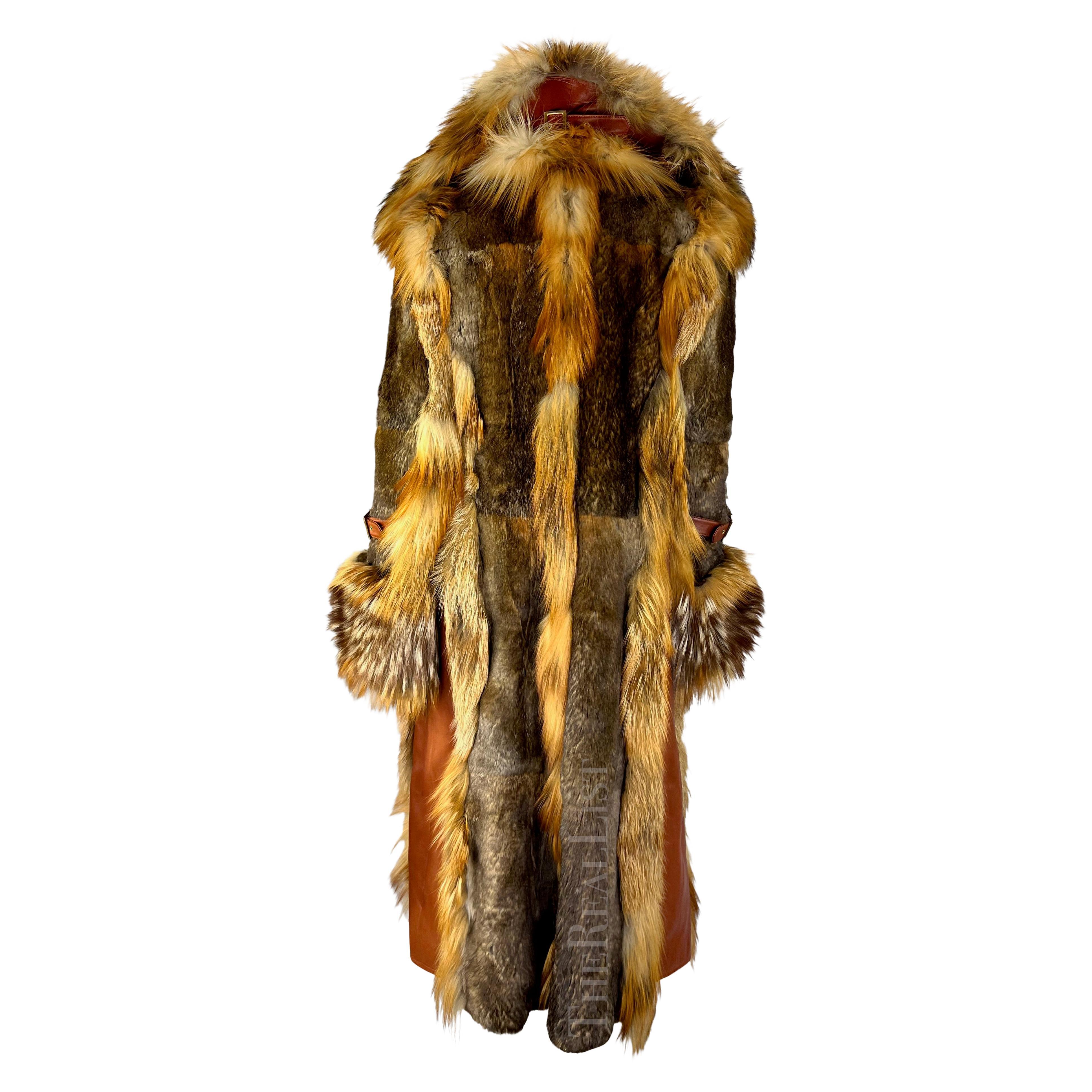 F/W 2001 Dolce & Gabbana Runway Fur Leather Buckle Trim Oversized Open Coat For Sale