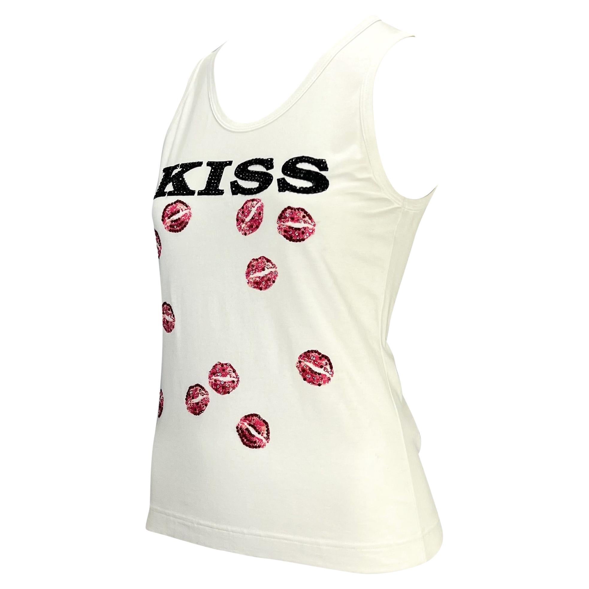 Blanc NWT F/W 2001 Dolce & Gabbana White Rhinestone 'Kiss' Tank Top  en vente