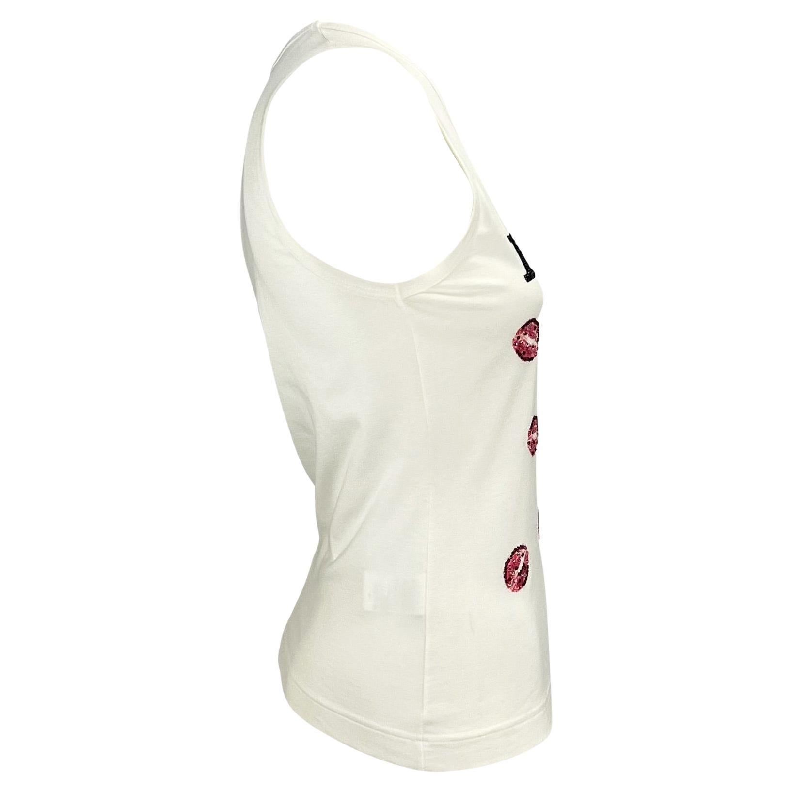 NWT F/W 2001 Dolce & Gabbana White Rhinestone 'Kiss' Tank Top  In Excellent Condition For Sale In West Hollywood, CA