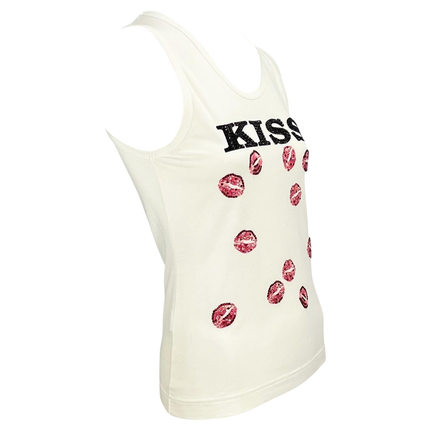 Women's NWT F/W 2001 Dolce & Gabbana White Rhinestone 'Kiss' Tank Top  For Sale