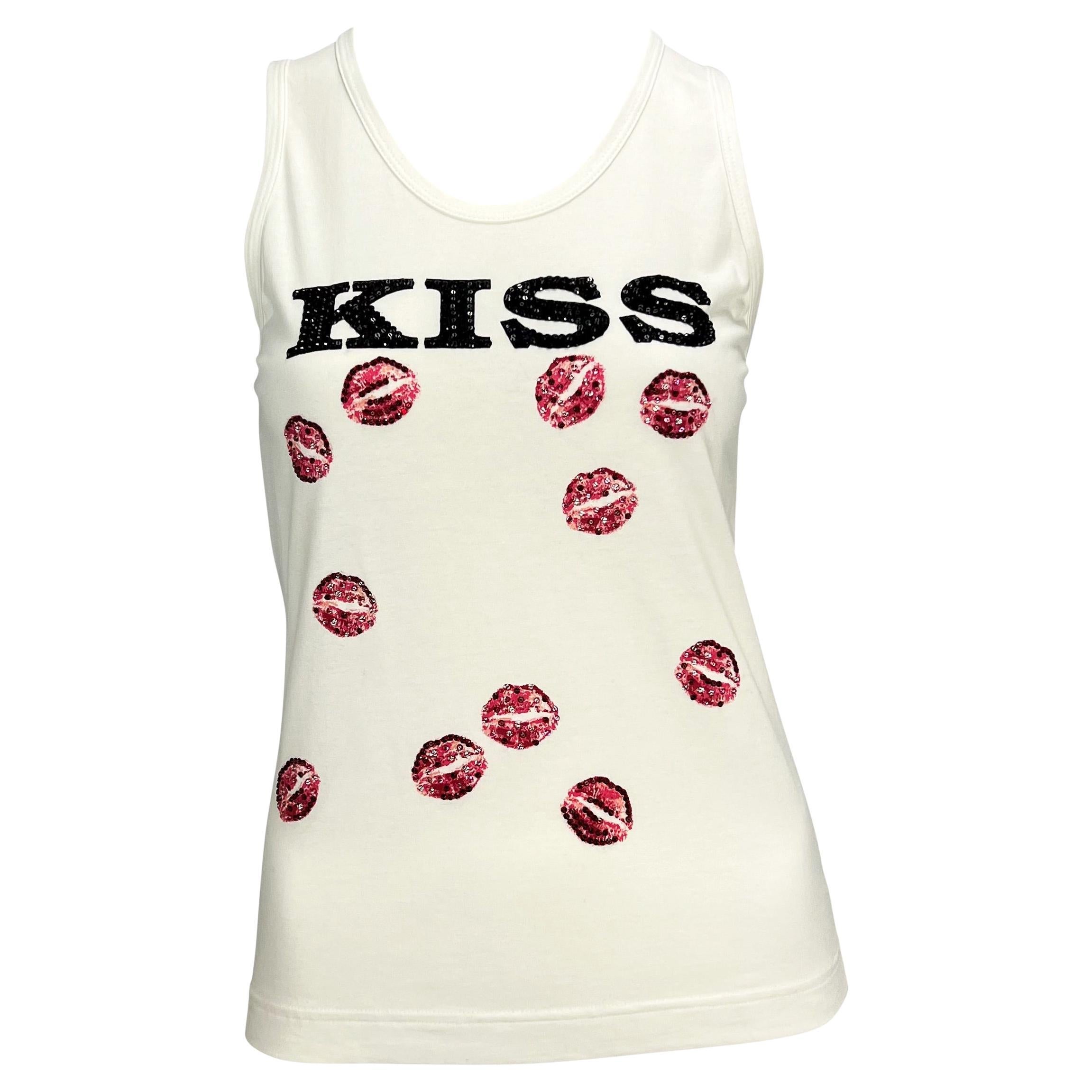 NWT F/W 2001 Dolce & Gabbana White Rhinestone 'Kiss' Tank Top 