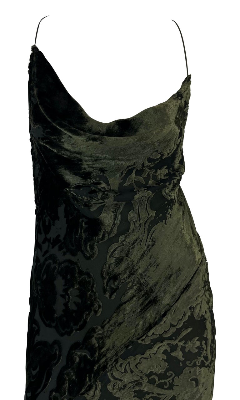 F/W 2001 Donna Karan Backless Deep Olive Green Velvet Devor Asymmetric Gown at 1stDibs F/W 2001 Donna Karan Backless Deep Olive Green Velvet Devor Asymmetric Gown at 1stDibs