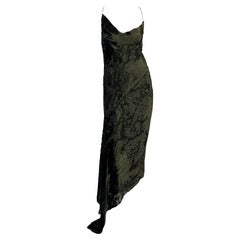 F/W 2001 Donna Karan Backless Deep Olive Green Velvet Devoré Asymmetric Gown