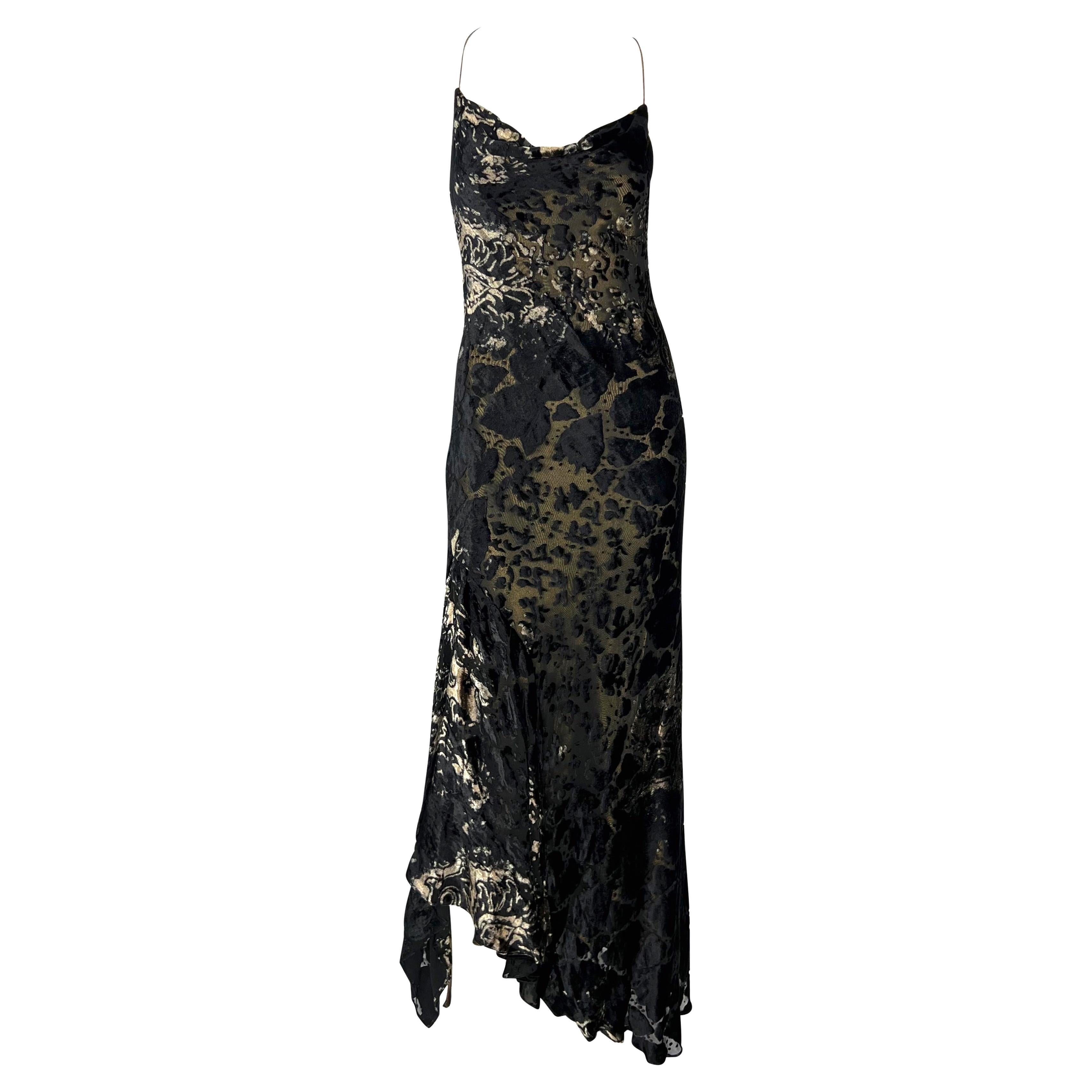 F/W 2001 Donna Karan Runway Gold Lamé Velvet Devoré Overlay Backless Gown  For Sale