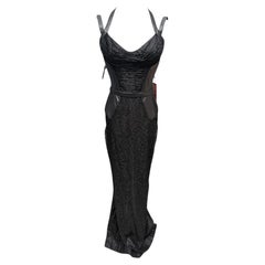 F/W 2001 Gianni Versace Black Lace Sheer Leather Gown