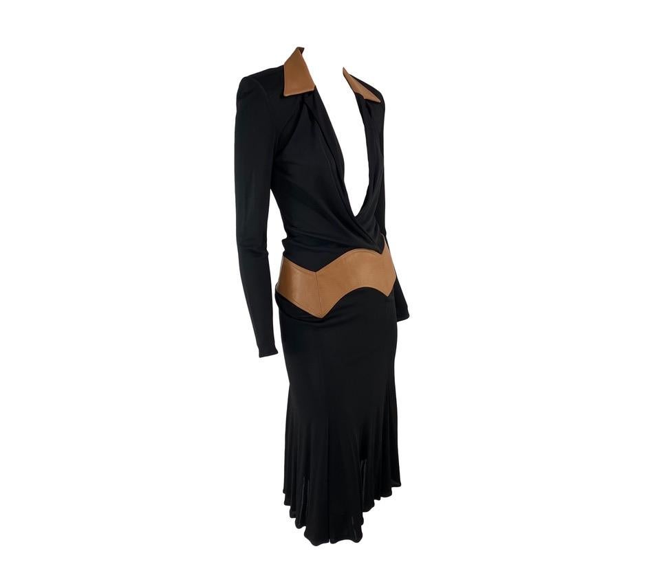 F/W 2001 Gianni Versace by Donatella Black Brown Leather Trim Runway Dress 1