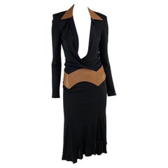 F/W 2001 Gianni Versace by Donatella Black Brown Leather Trim Runway Dress