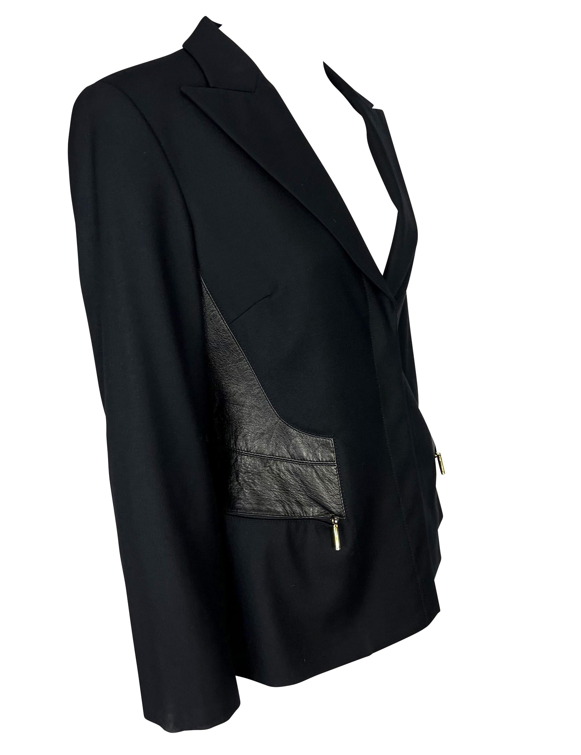Women's or Men's F/W 2001 Gianni Versace by Donatella Black Wool Leather Panel Blazer Jacket For Sale