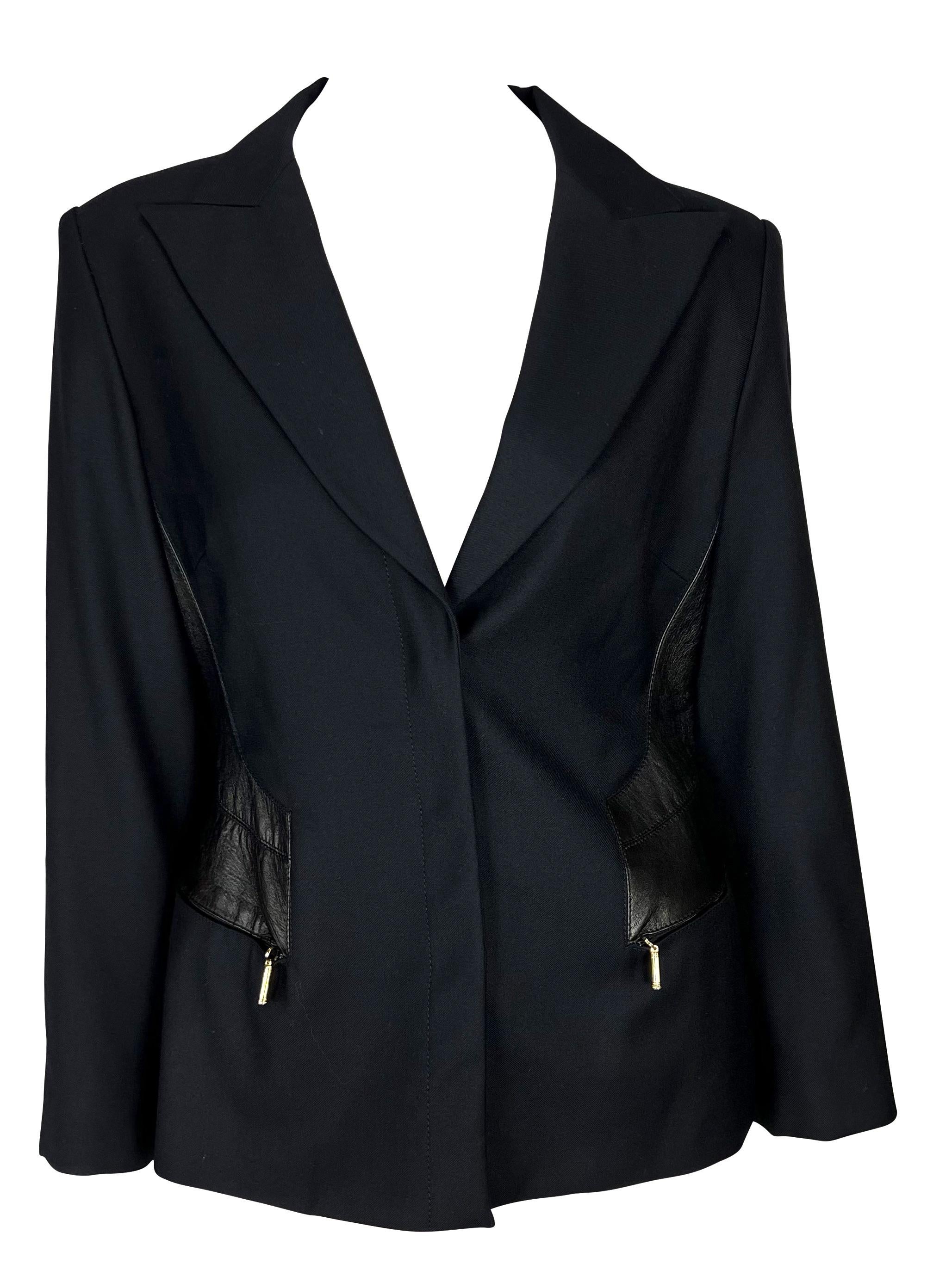 F/W 2001 Gianni Versace by Donatella Black Wool Leather Panel Blazer Jacket For Sale 1