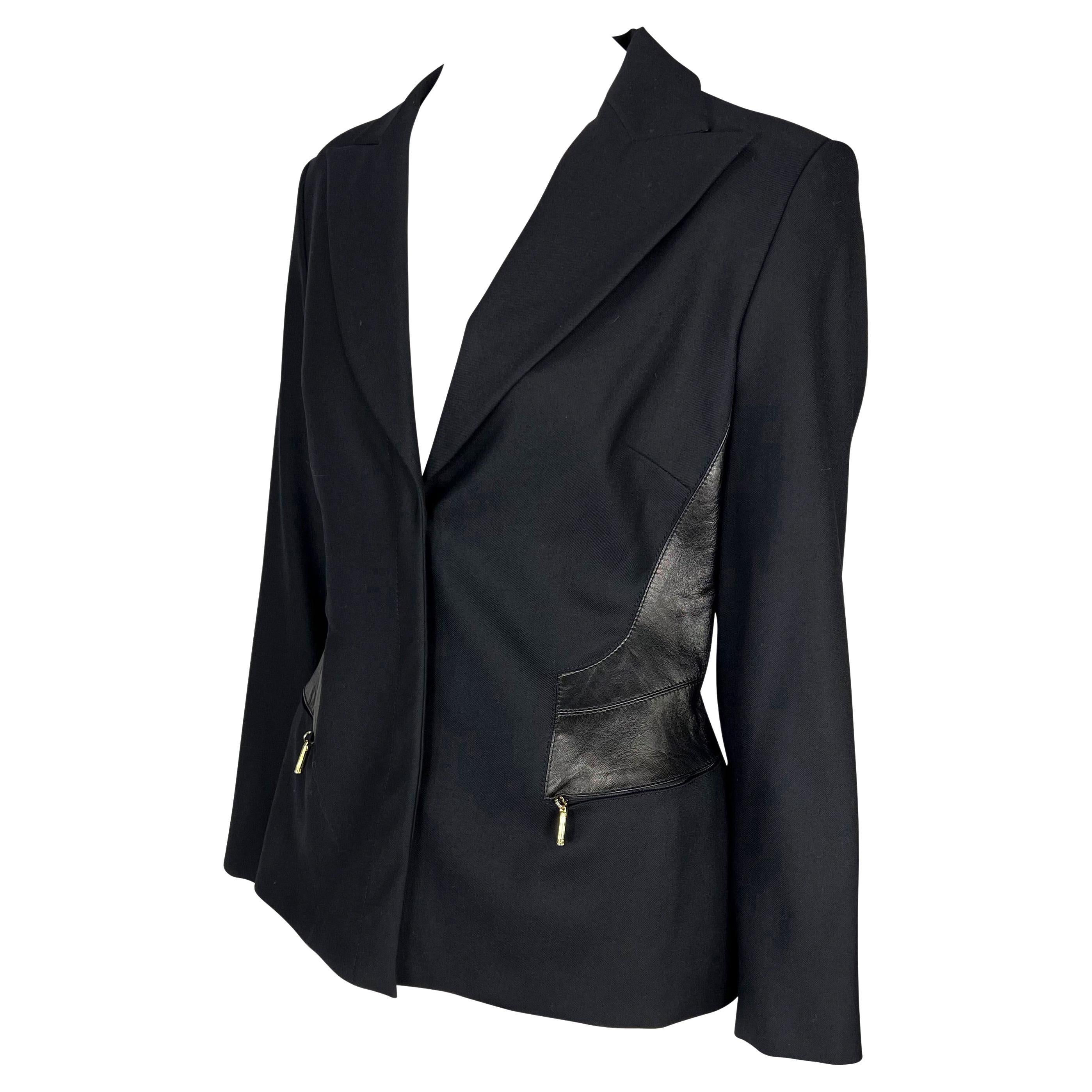 F/W 2001 Gianni Versace by Donatella Black Wool Leather Panel Blazer Jacket
