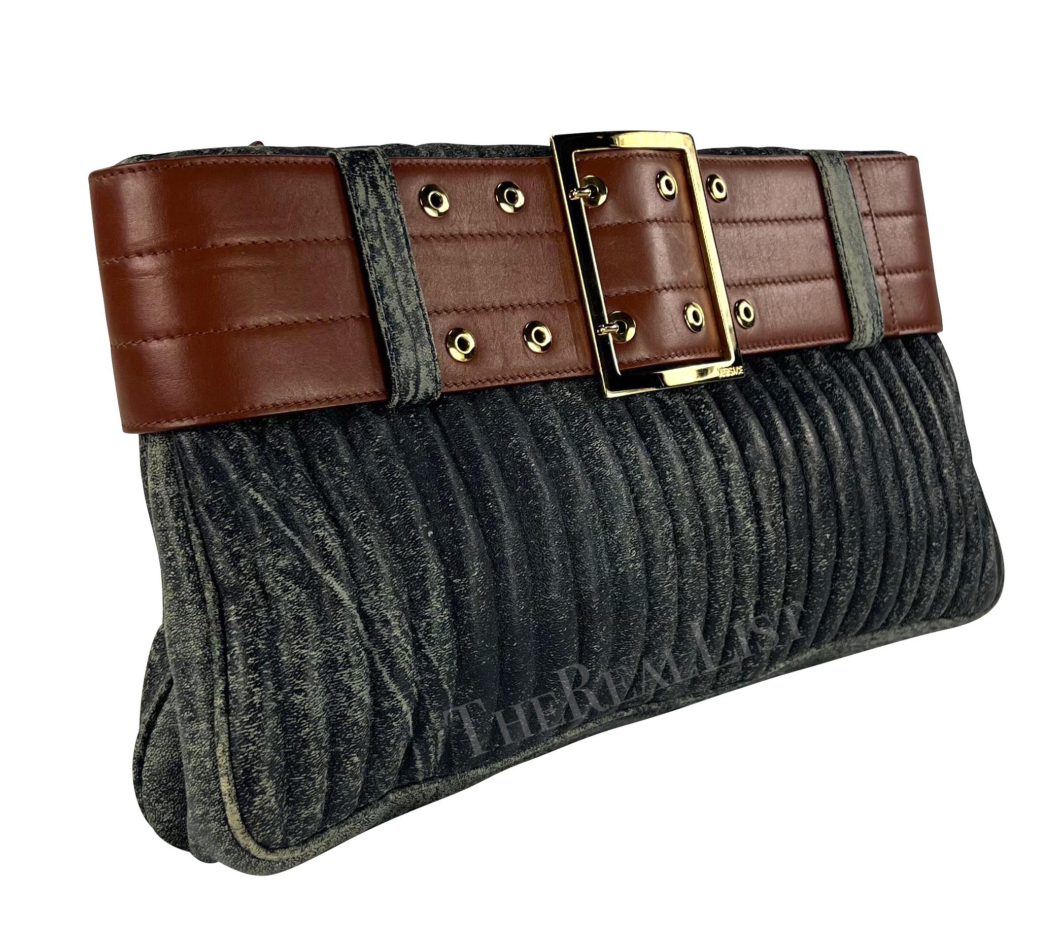 F/W 2001 Gianni Versace by Donatella Blue Distressed Leather Belted Clutch For Sale 3