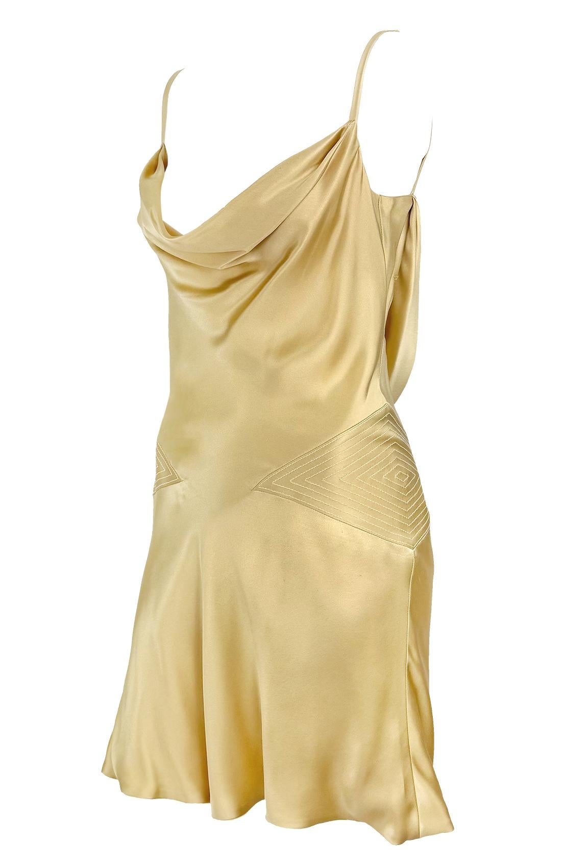 Women's F/W 2001 Gianni Versace by Donatella Champagne Satin Backless Cowl Mini Dress