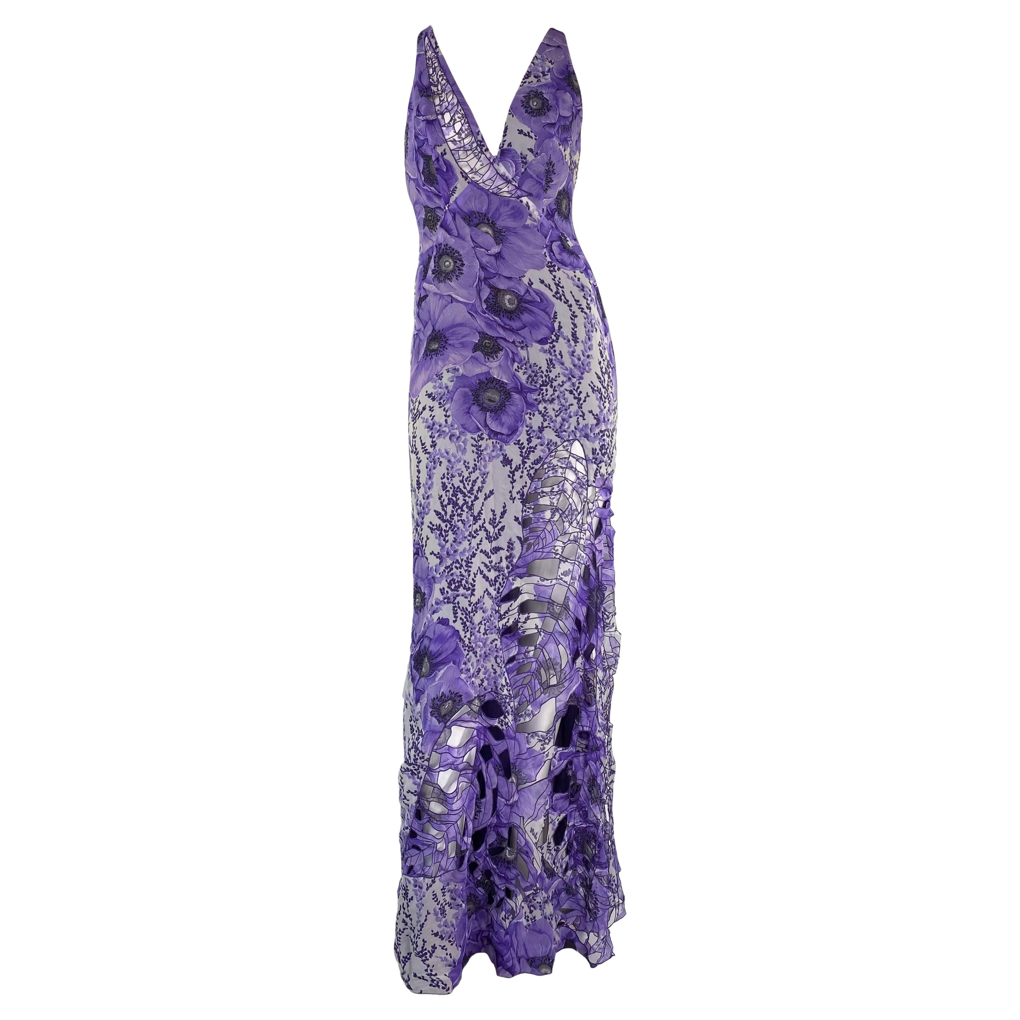 F/W 2001 Gianni Versace by Donatella Serena Williams Cut-Out Purple Poppy Gown For Sale