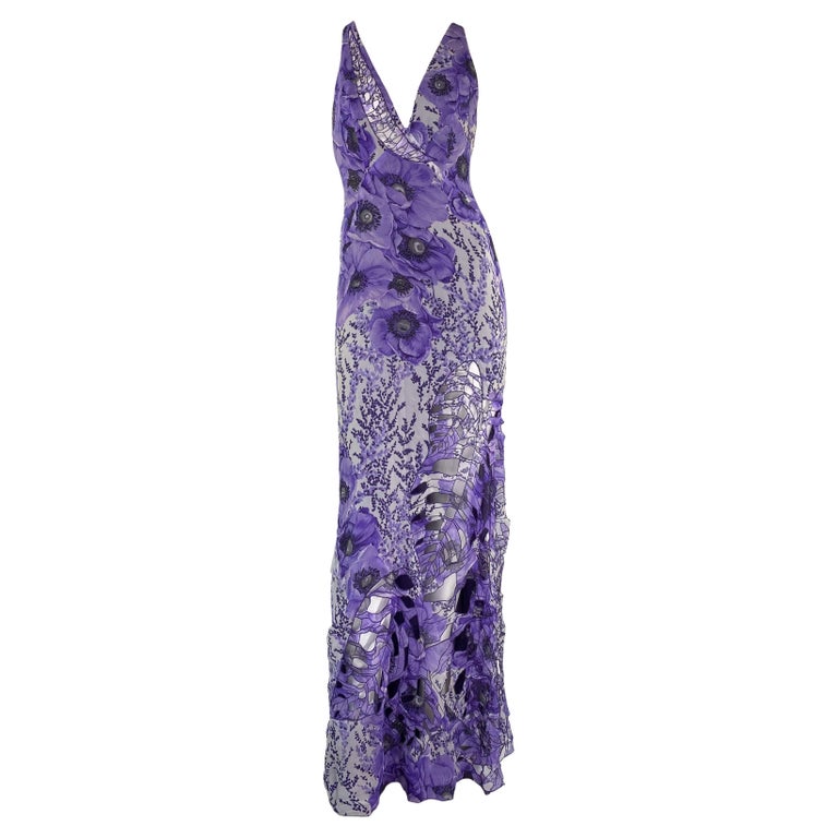 F/W 2001 Gianni Versace by Donatella Serena Williams Cut-Out Purple Poppy  Gown For Sale at 1stDibs
