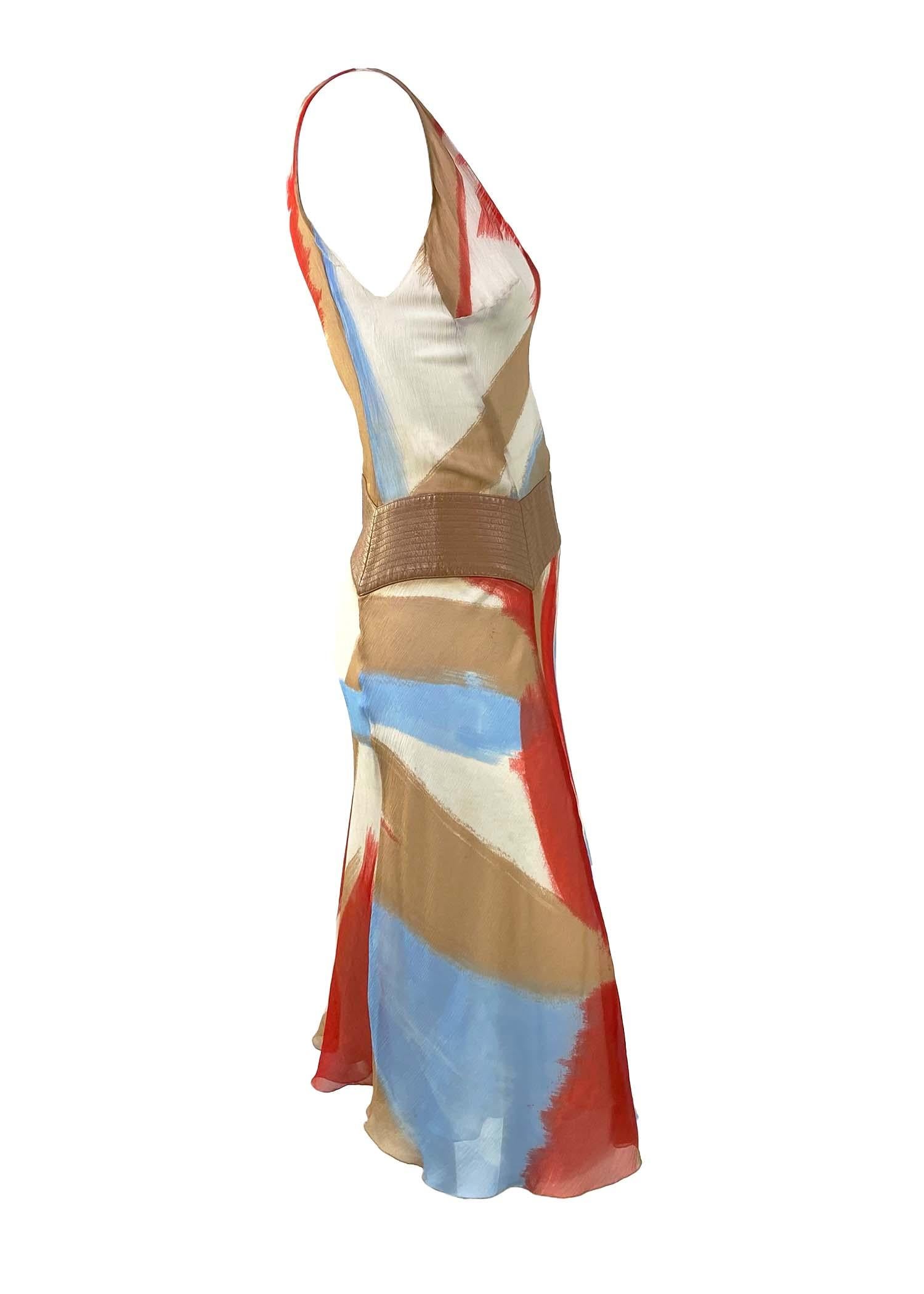 Brown F/W 2001 Gianni Versace by Donatella Leather Trimmed Watercolor Chiffon Dress