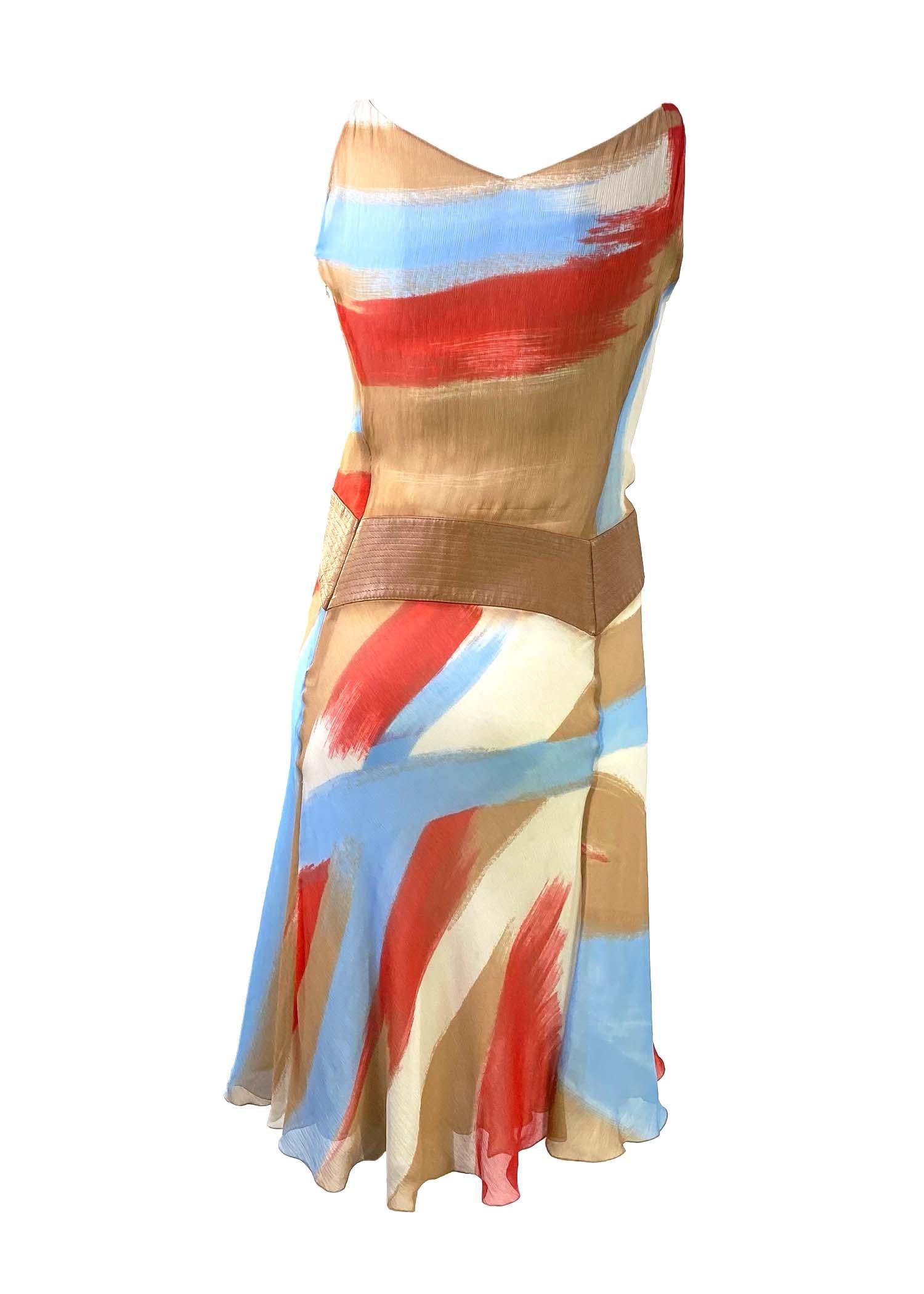 F/W 2001 Gianni Versace by Donatella Leather Trimmed Watercolor Chiffon Dress In Fair Condition In West Hollywood, CA