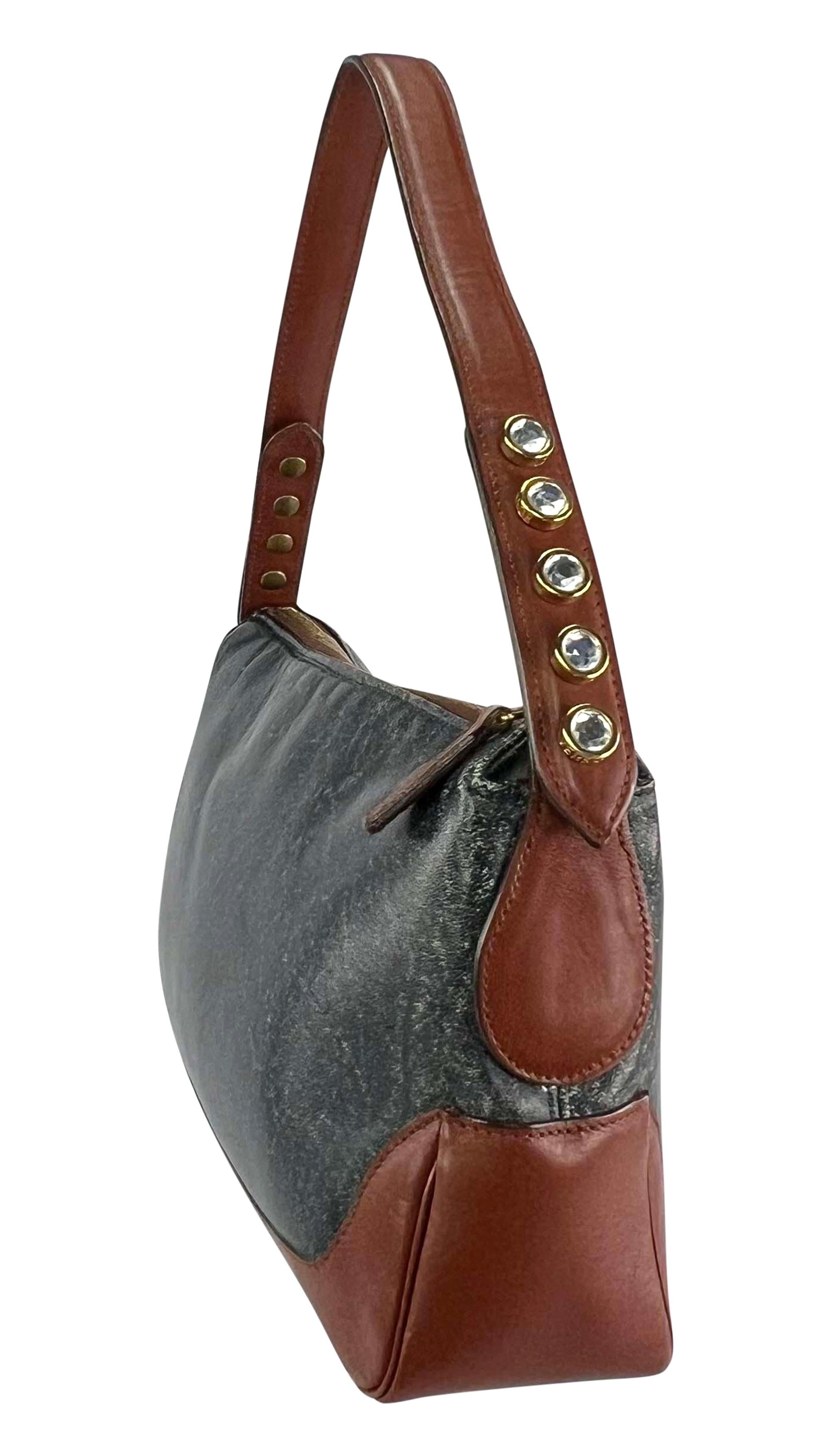 Black F/W 2001 Gianni Versace by Donatella Rhinestone Blue Distressed Shoulder Bag For Sale