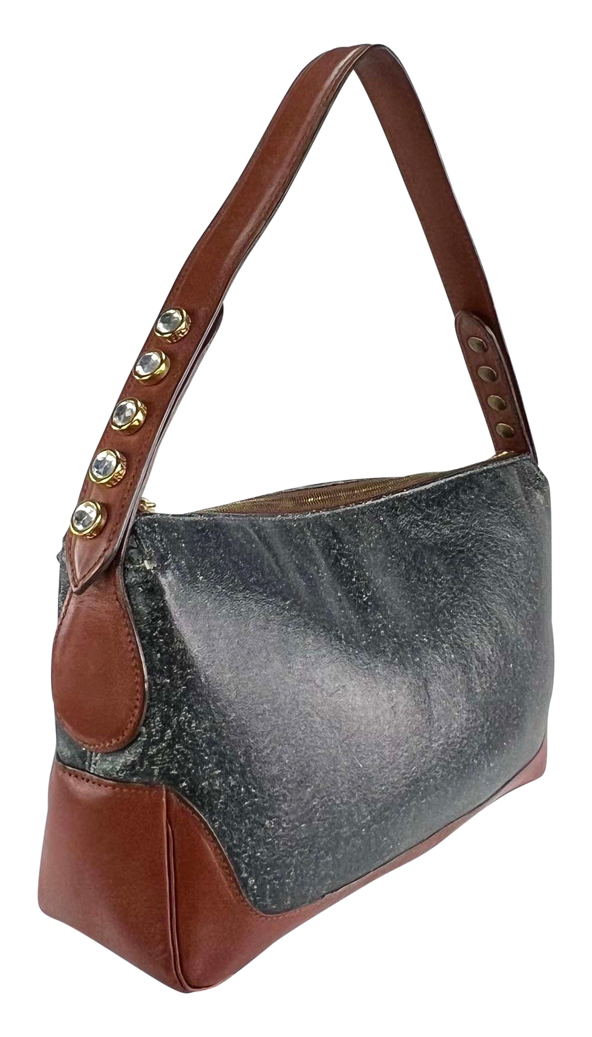 F/W 2001 Gianni Versace by Donatella Rhinestone Blue Distressed Shoulder Bag In Excellent Condition For Sale In West Hollywood, CA