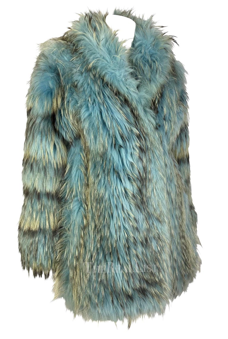 F/W 2001 Gianni Versace by Donatella Runway Ad Light Blue Mixed Fur Chubby Coat  For Sale 7