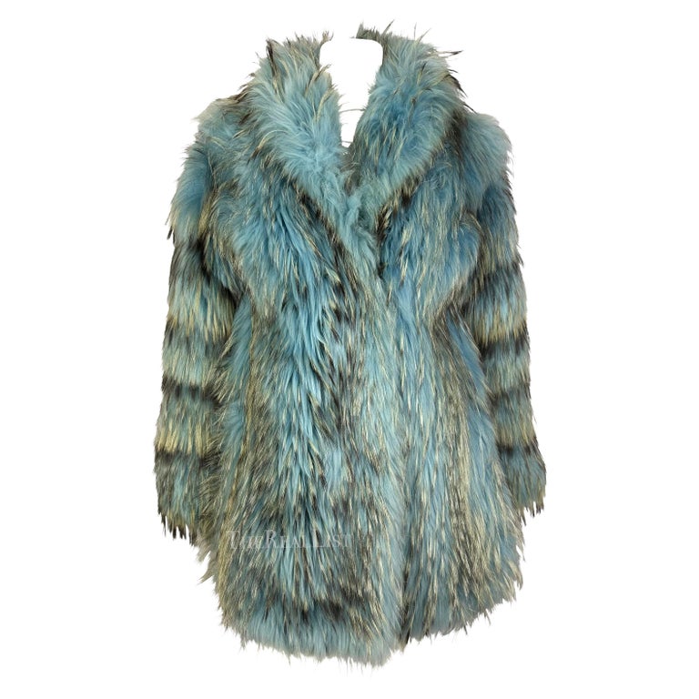 F/W 2001 Gianni Versace by Donatella Runway Ad Light Blue Mixed Fur Chubby Coat  For Sale