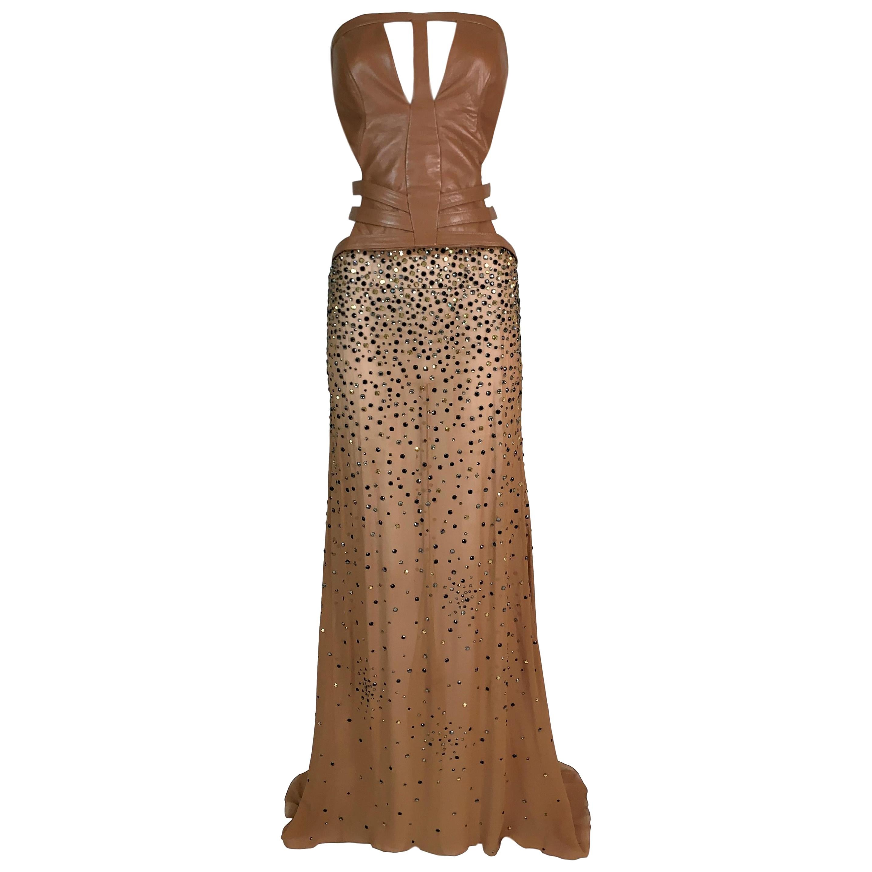 F/W 2001 Gianni Versace Runway Sheer Brown Silk and Leather Crystal Gown  Dress For Sale at 1stDibs | versace brown dress, versace crystal dress,  sheer crystal dress versace