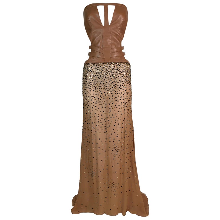 F/W 2001 Gianni Versace Runway Sheer Brown Silk and Leather Crystal Gown  Dress For Sale at 1stDibs