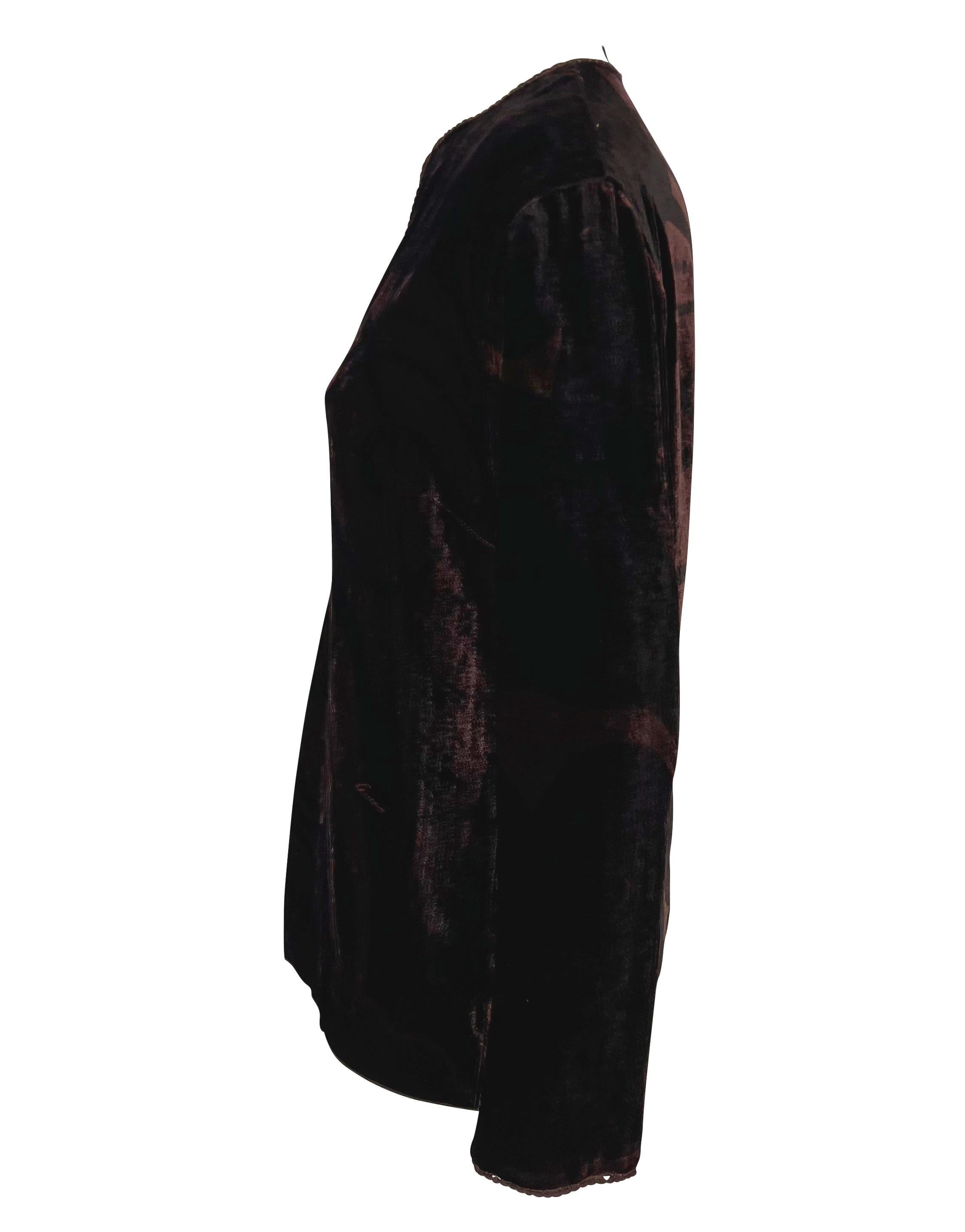 Black F/W 2001 Gucci by Tom Ford Brown Velvet Logo Print Plunging Tunic Top For Sale