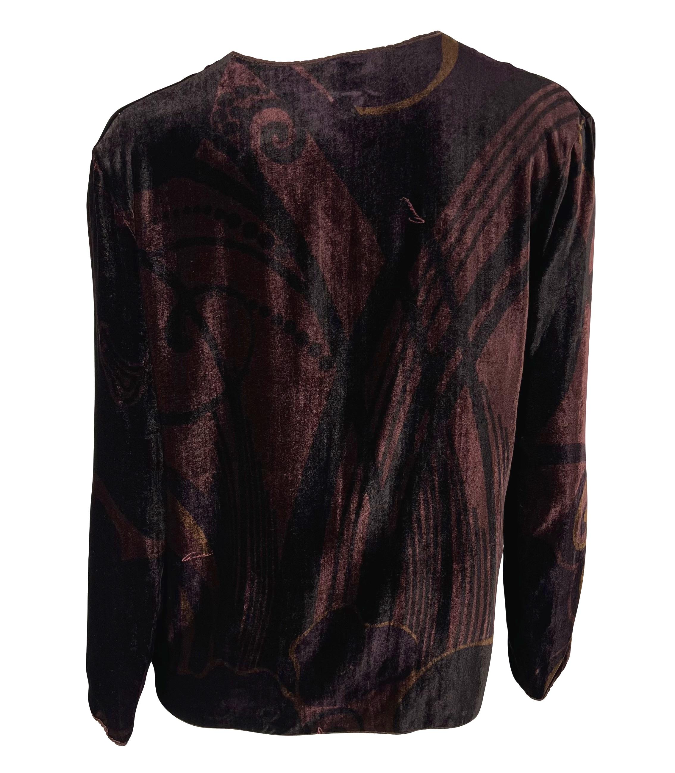 F/W 2001 Gucci by Tom Ford Brown Velvet Logo Print Plunging Tunic Top In Good Condition For Sale In West Hollywood, CA