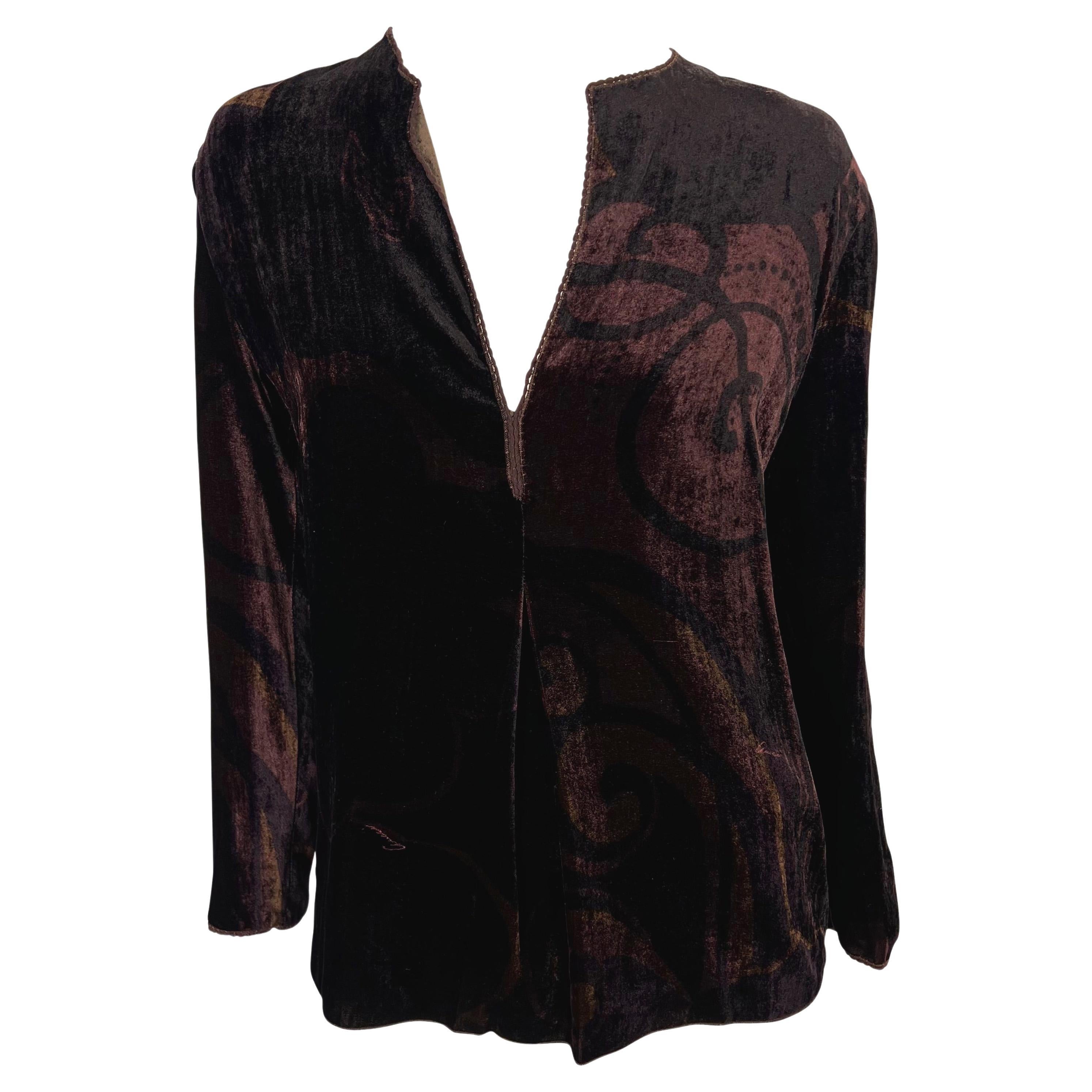 F/W 2001 Gucci by Tom Ford Brown Velvet Logo Print Plunging Tunic Top For Sale